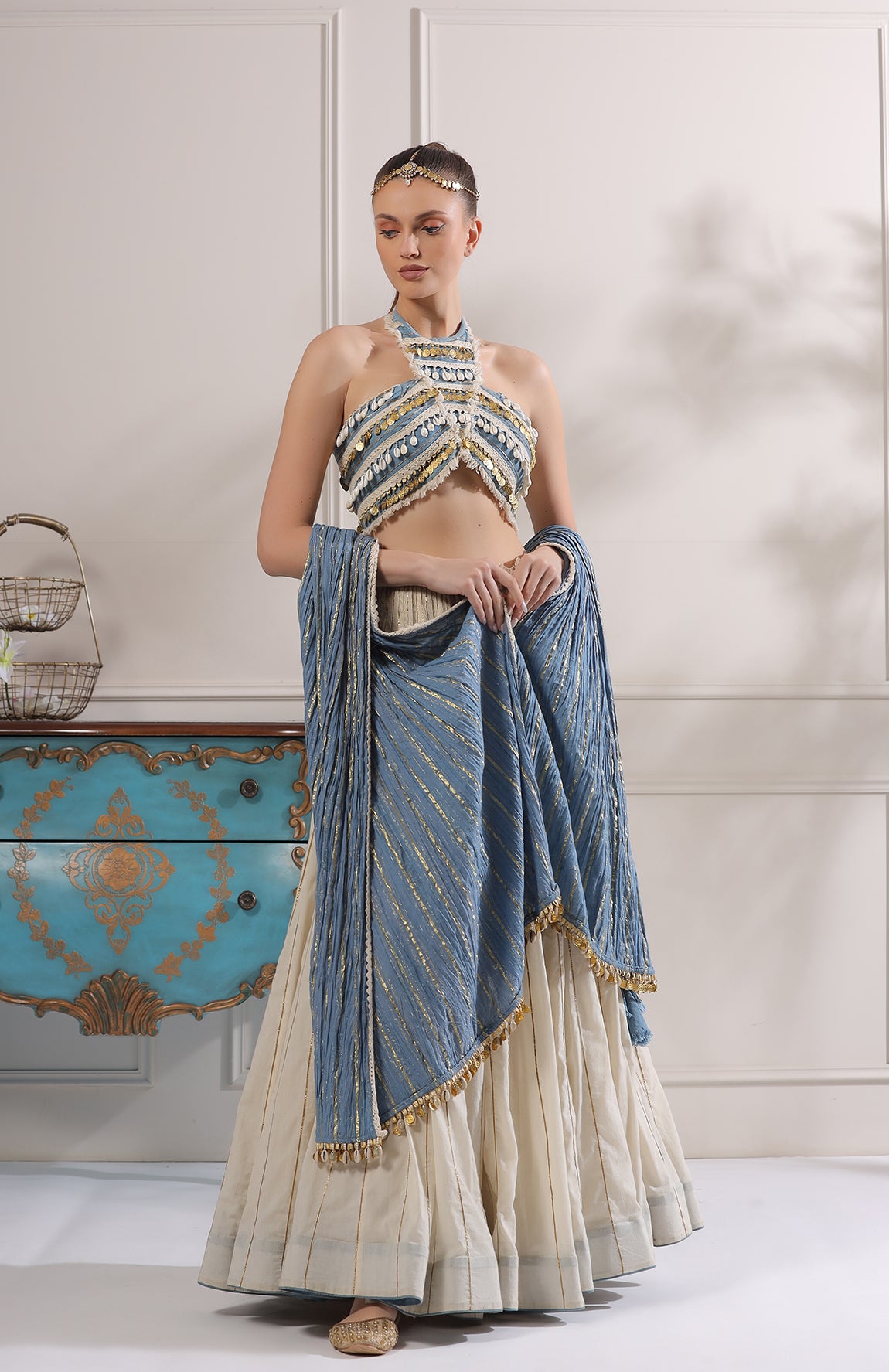 HALTER NECK CROP TOP WITH MAL LEHANGA AND CRUSHED COTTON DUPATTA