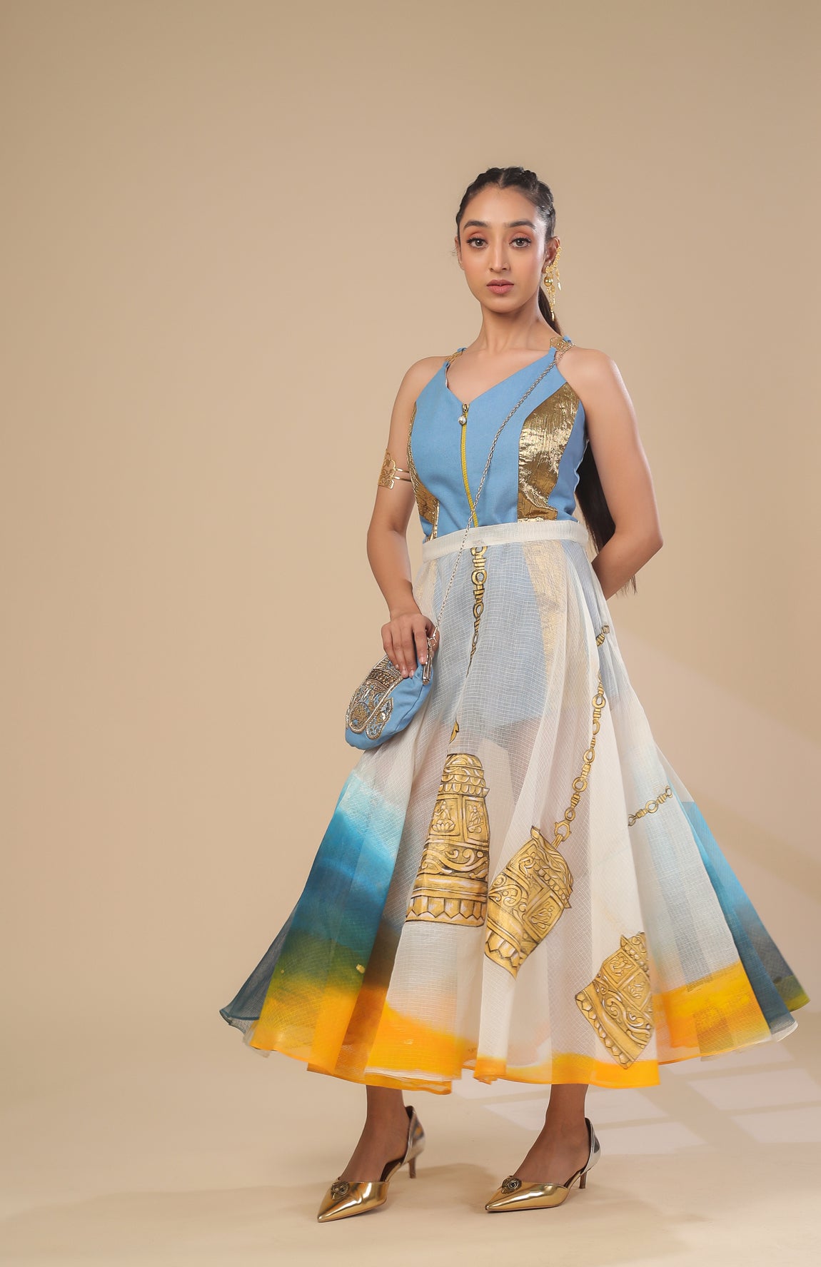 DENIM SHORT JUMPSUIT WITH SHEER KOTA DORIA SKIRT