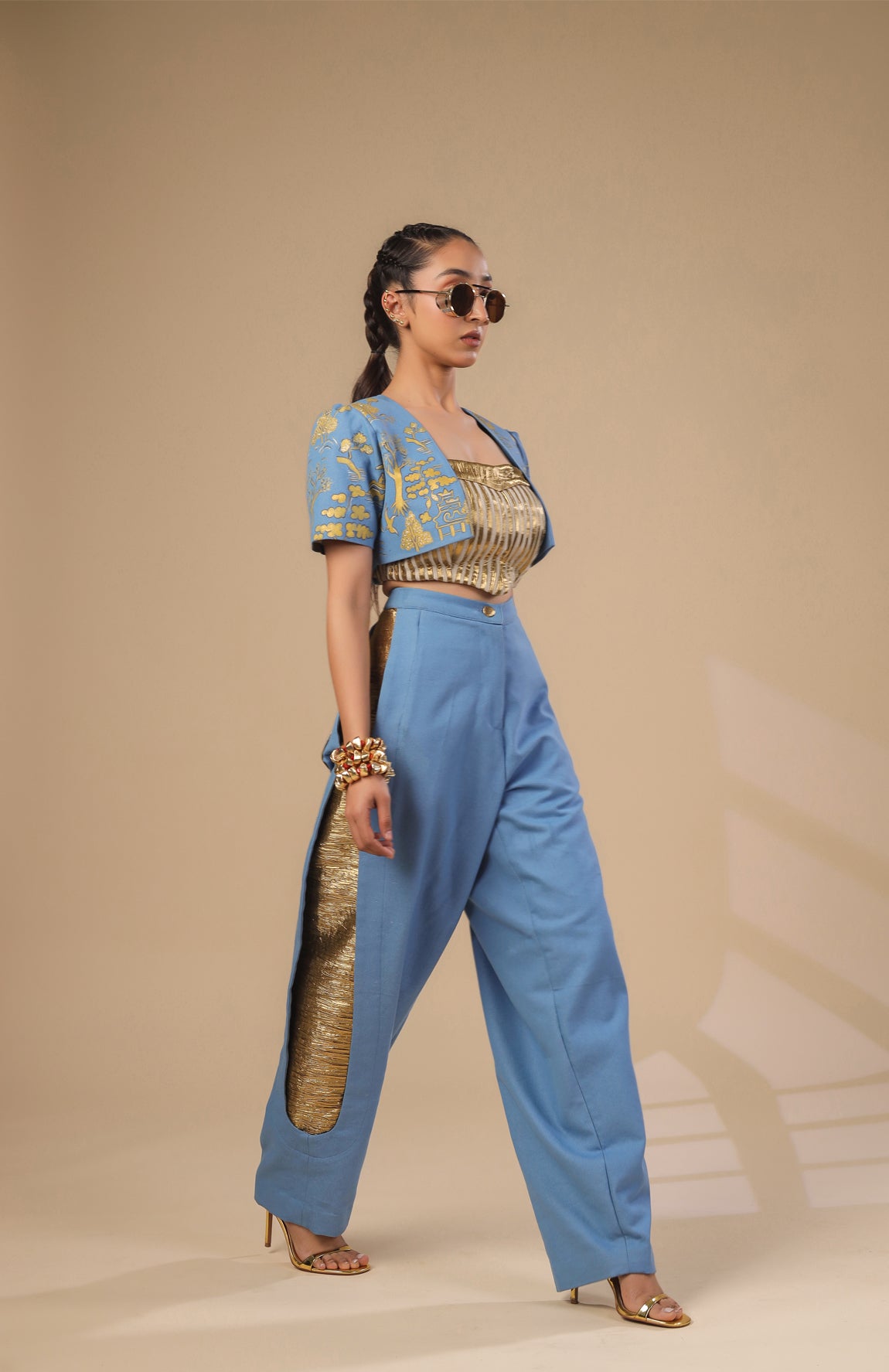 DENIM CROP JACKET WITH GOLD AND IVORY PLEATED CORSET WITH DENIM PANTS