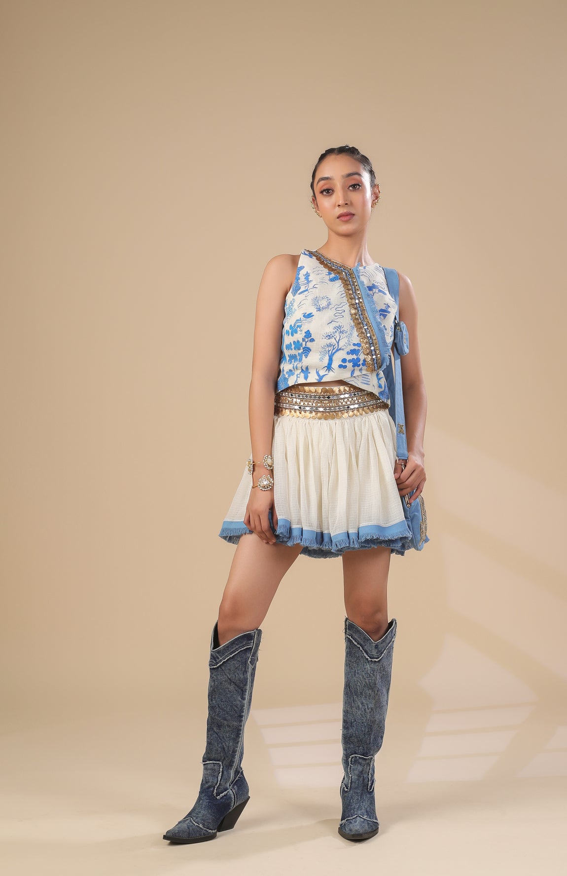 KOTA DORIA HAND PAINT TOP WITH KOTA DORIA SKIRT WITH DENIM FRINGE DETAIL