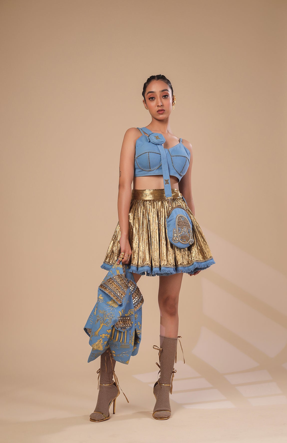 DENIM CROP JACKET WITH DENIM BRALETTE AND GOLD SKIRT