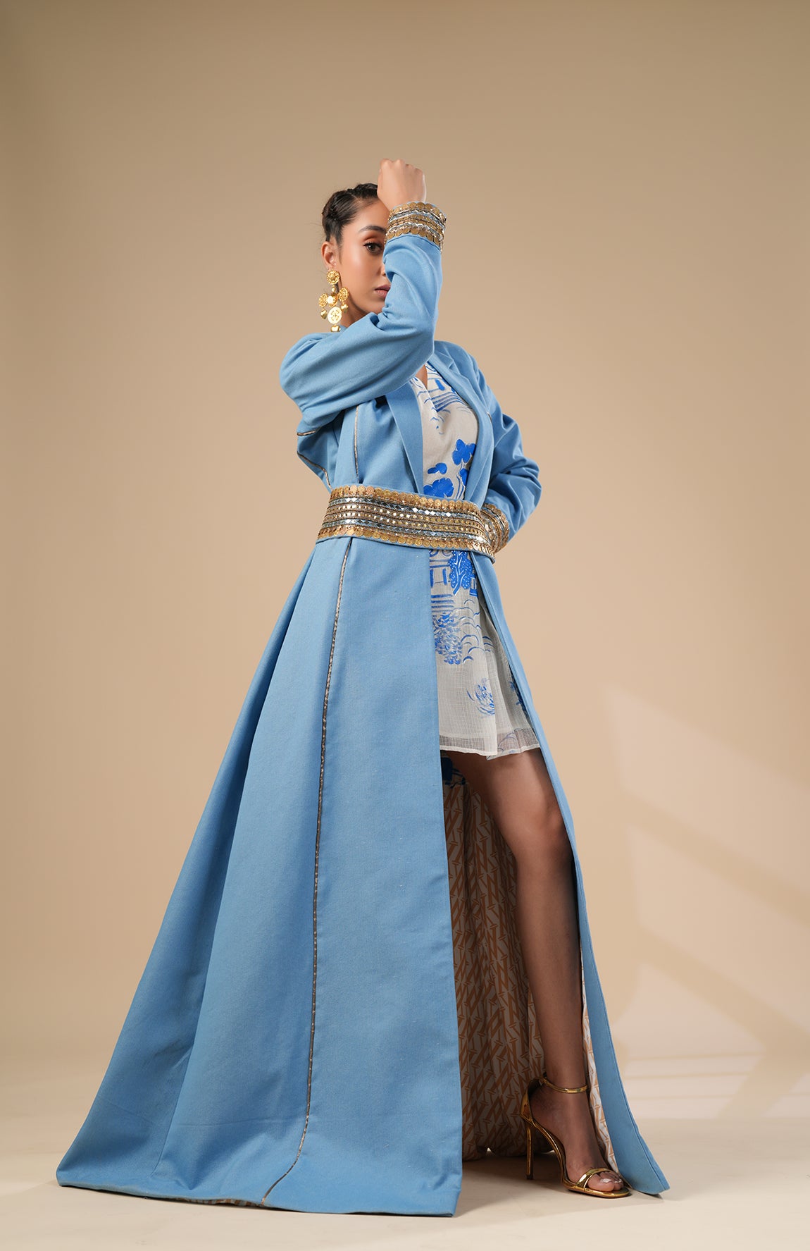 HAND PAINT KOTA DORIA DRESS AND DENIM TRENCH COAT WITH BELT
