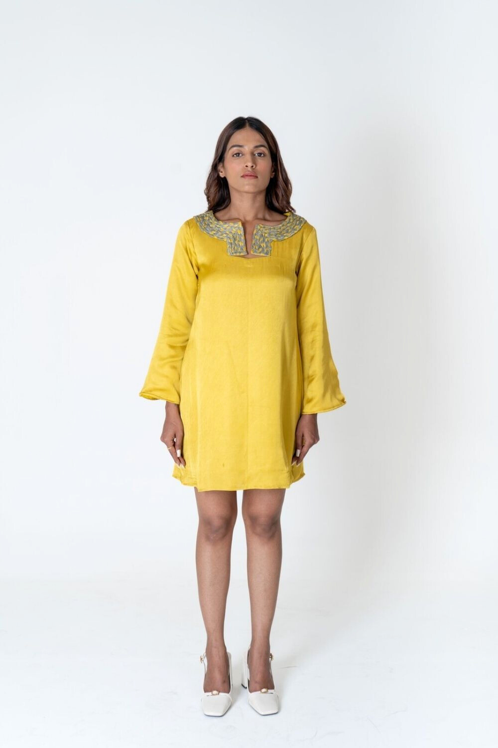 Yellow-Green Braided Collar Short Dress