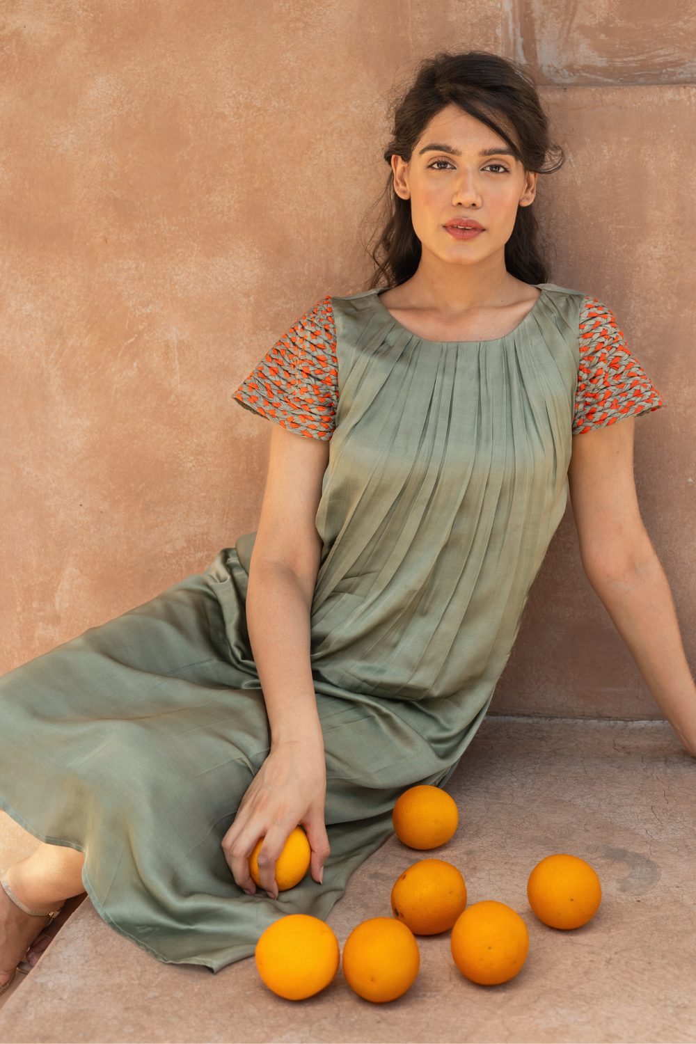 Green-Orange Braided Sleeve Midi Dress