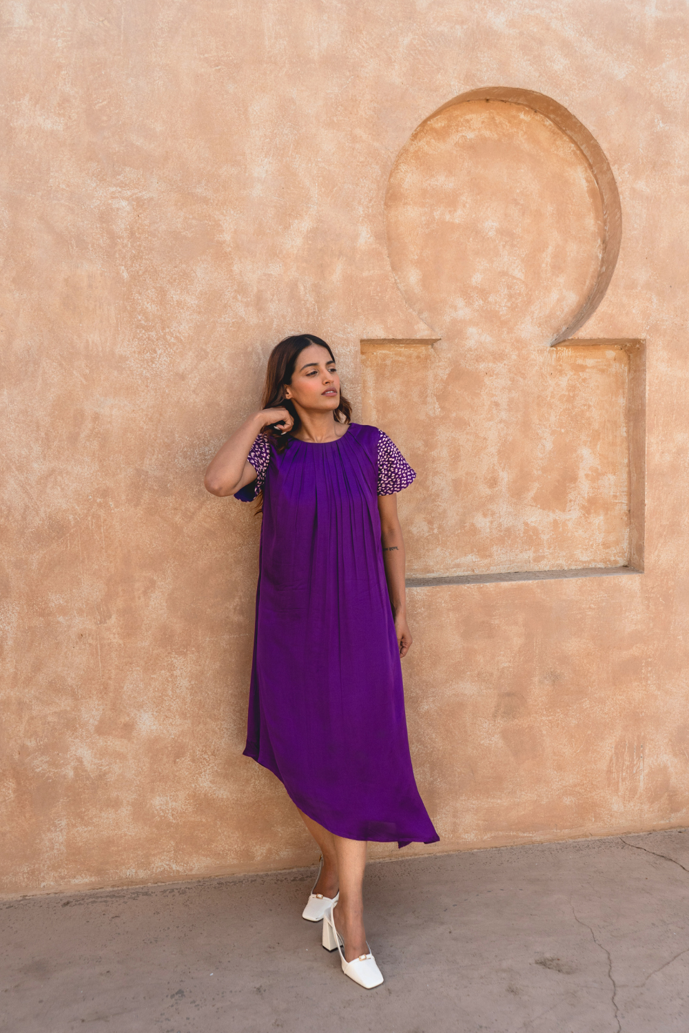 Purple-Pink Braided Sleeve Midi Dress