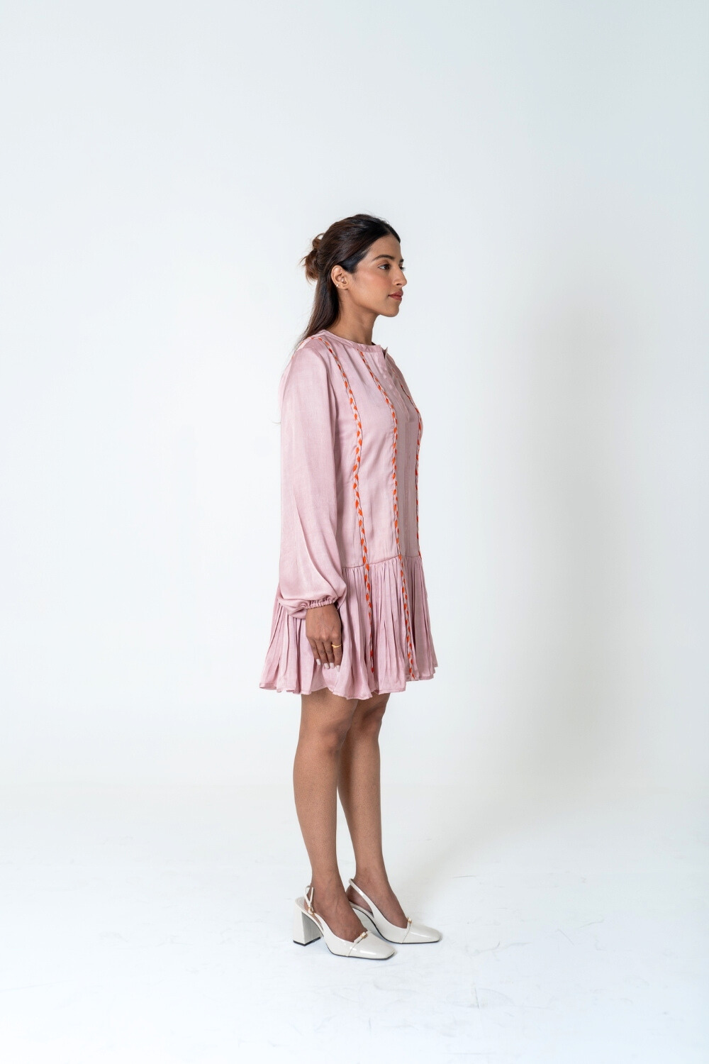 Pink-Orange Braided Short Gather Dress