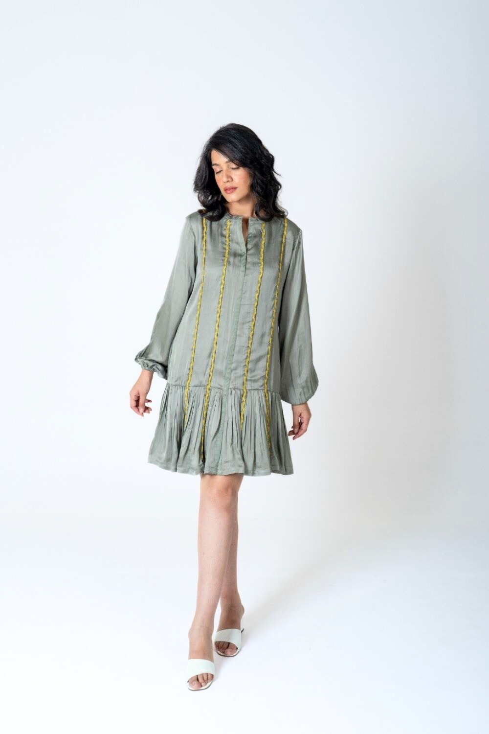 Green-Yellow Braided Short Gather Dress