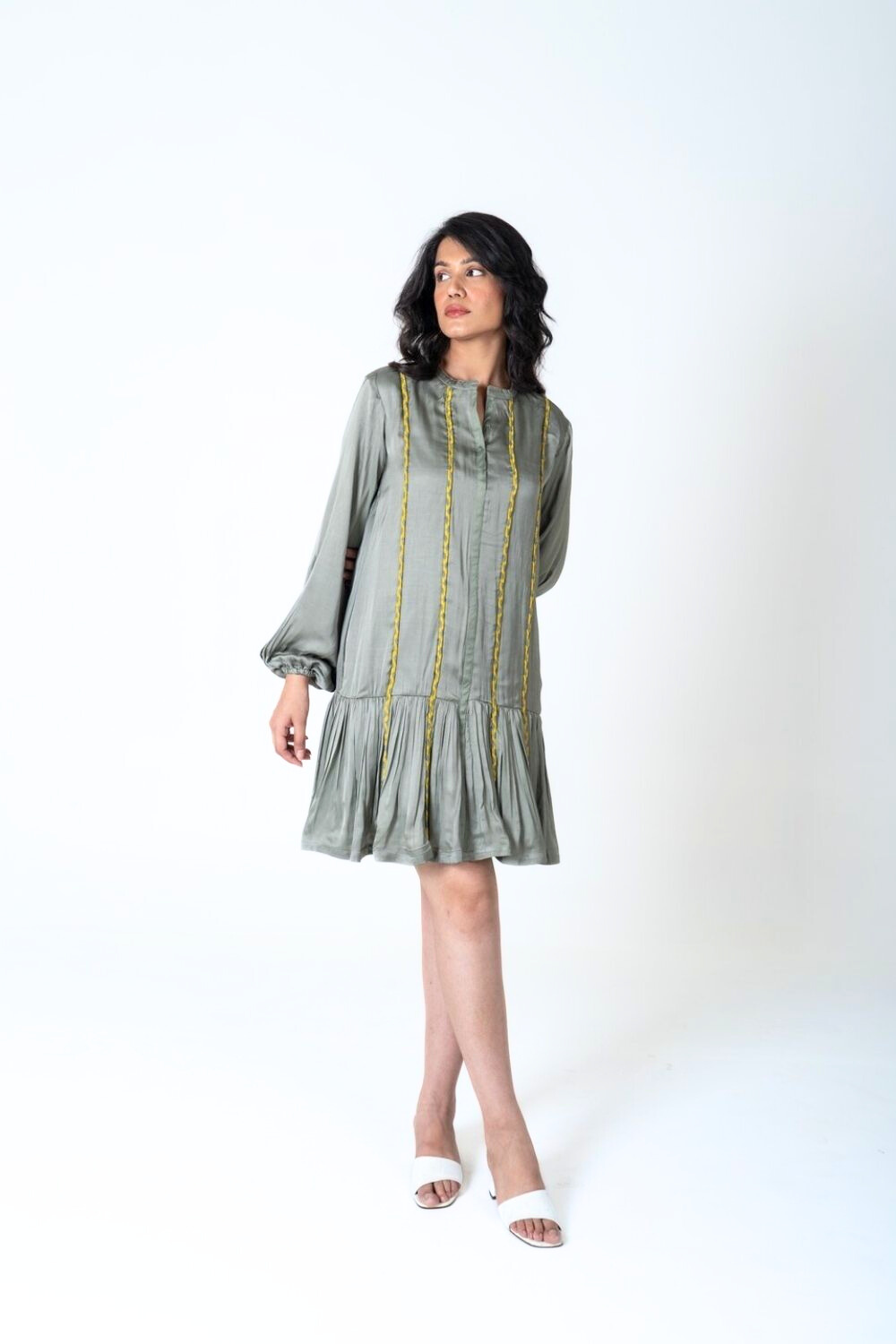 Green-Yellow Braided Short Gather Dress