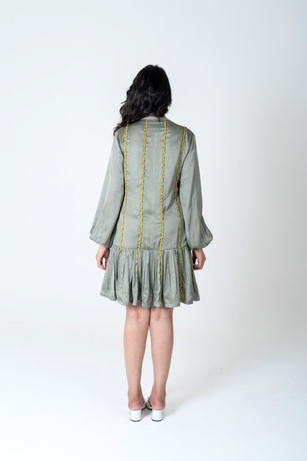 Green-Yellow Braided Short Gather Dress