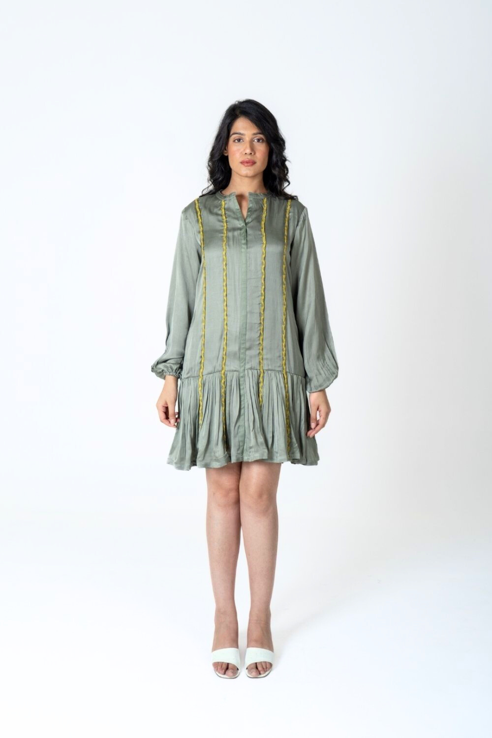 Green-Yellow Braided Short Gather Dress