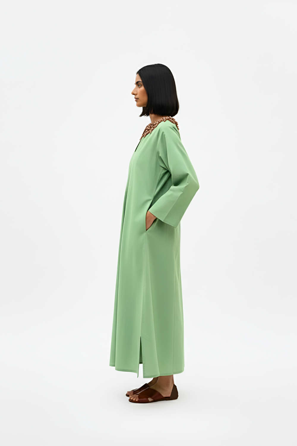 Asparagus Green-Tuscan Red Beaded Collar Maxi Dress
