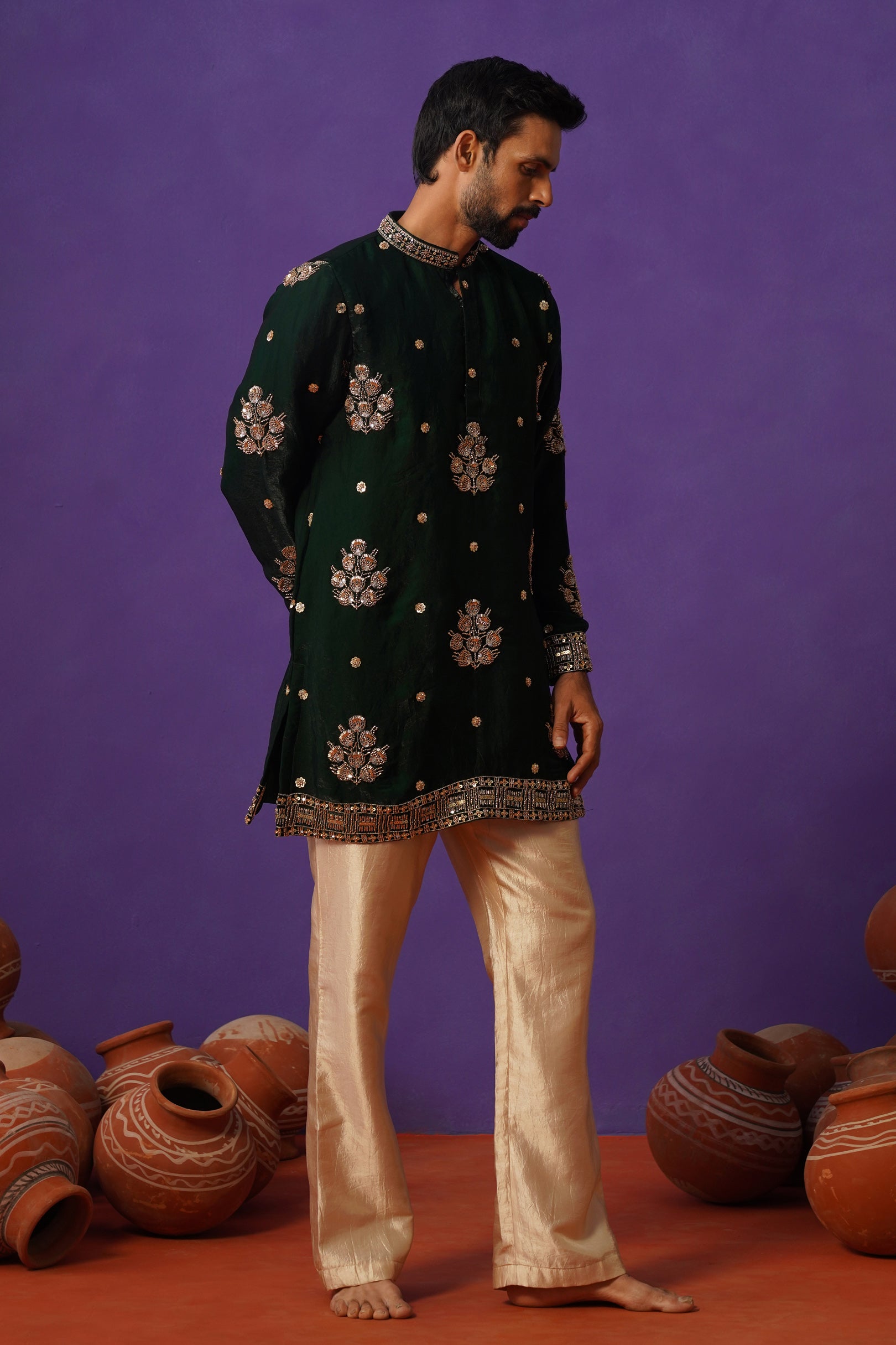 TAJ BOTTLE GREEN SHORT KURTA SET