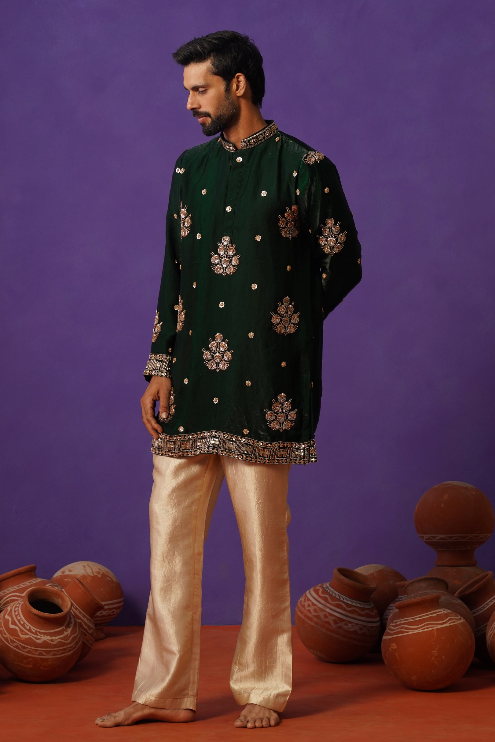 TAJ BOTTLE GREEN SHORT KURTA SET