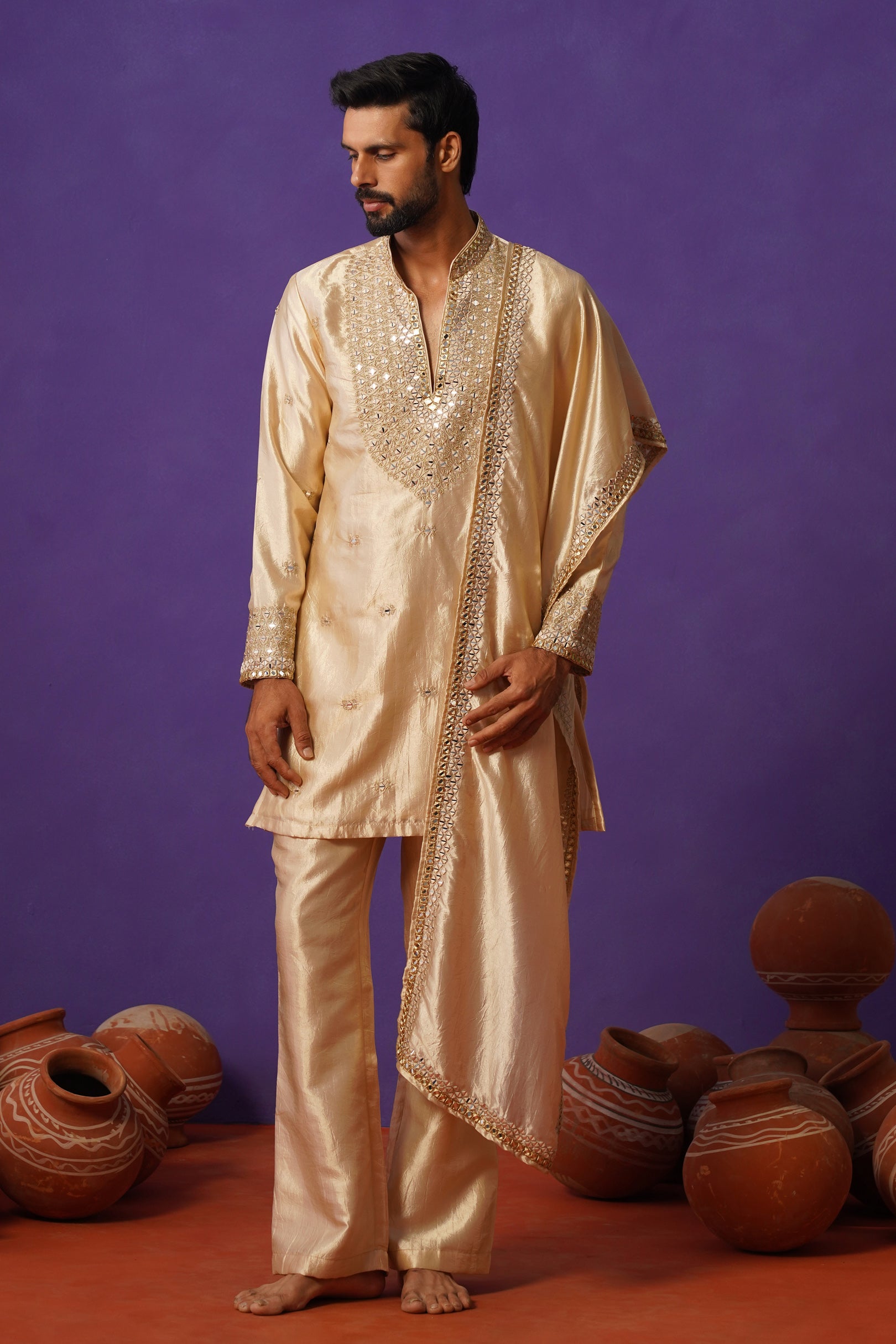 ZOHAYR BEIGE V-NECK MIRROR KURTA DUPATTA SET