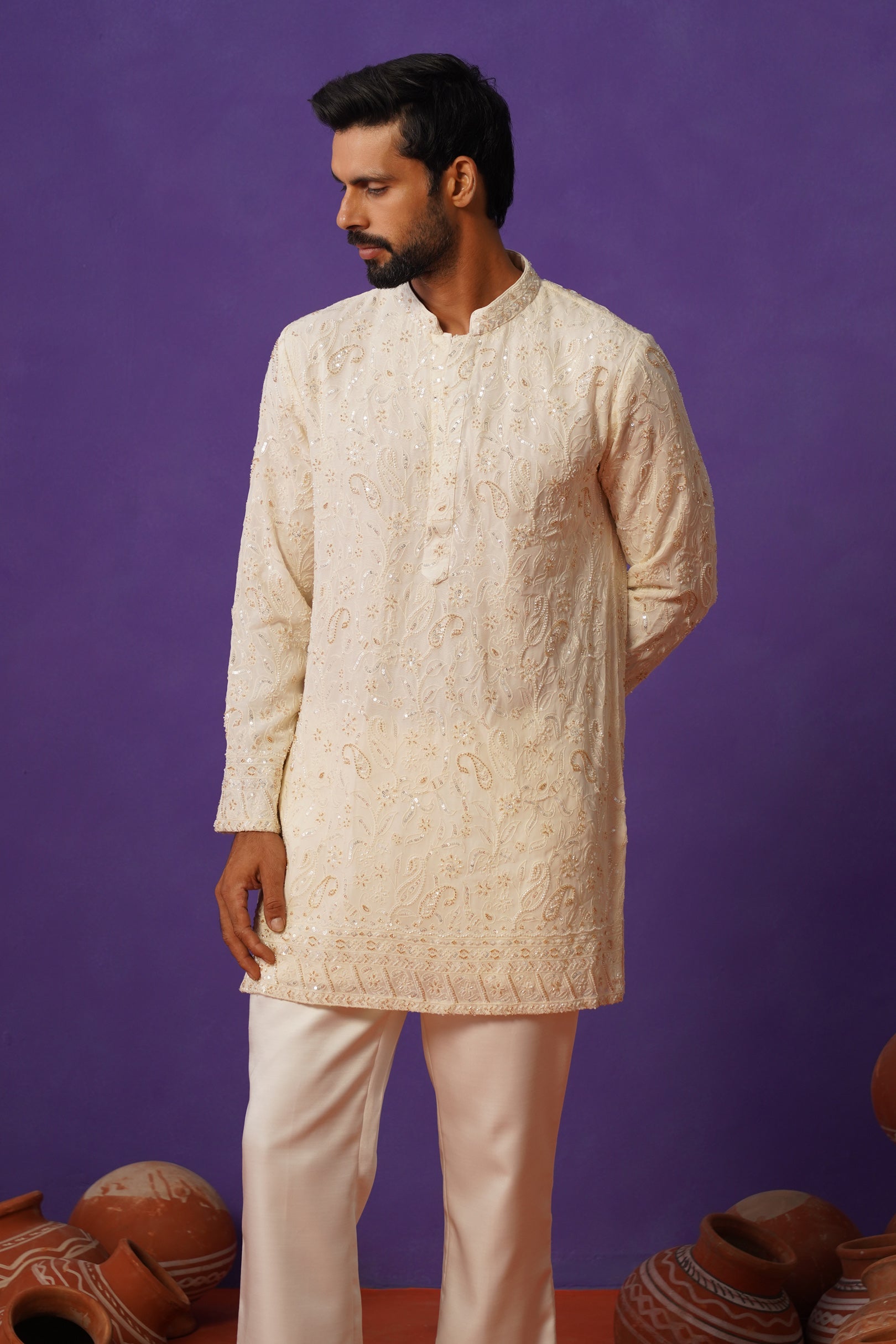 SHEHZAADA IVORY SHORT KURTA SET