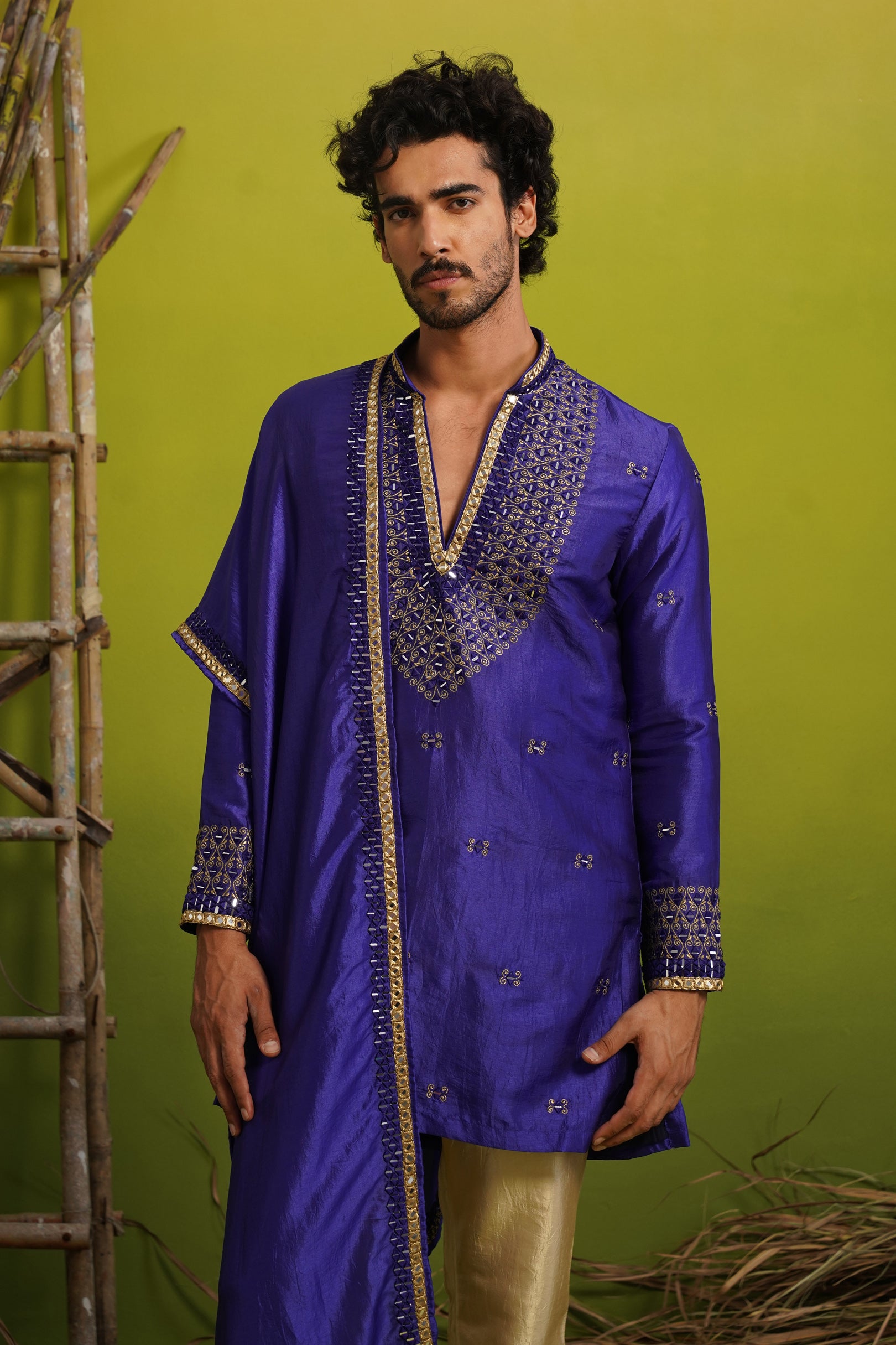 ZOHAYR ROYAL BLUE V-NECK MIRROR KURTA DUPATTA SET