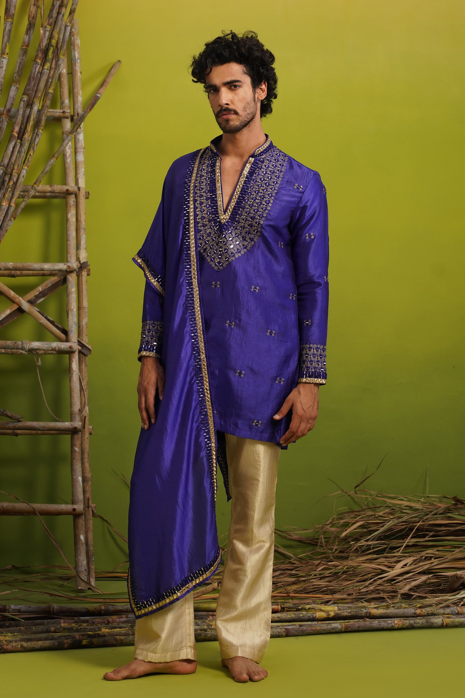 ZOHAYR ROYAL BLUE V-NECK MIRROR KURTA DUPATTA SET