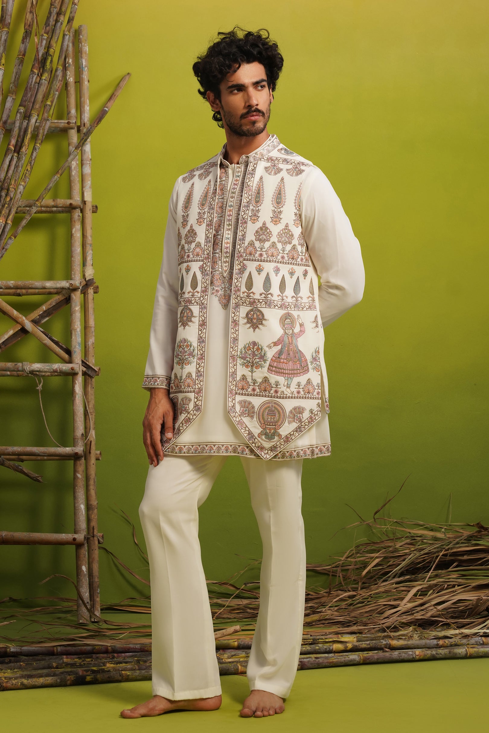 KATHAKALI IVORY SHORT KURTA JACKET SET