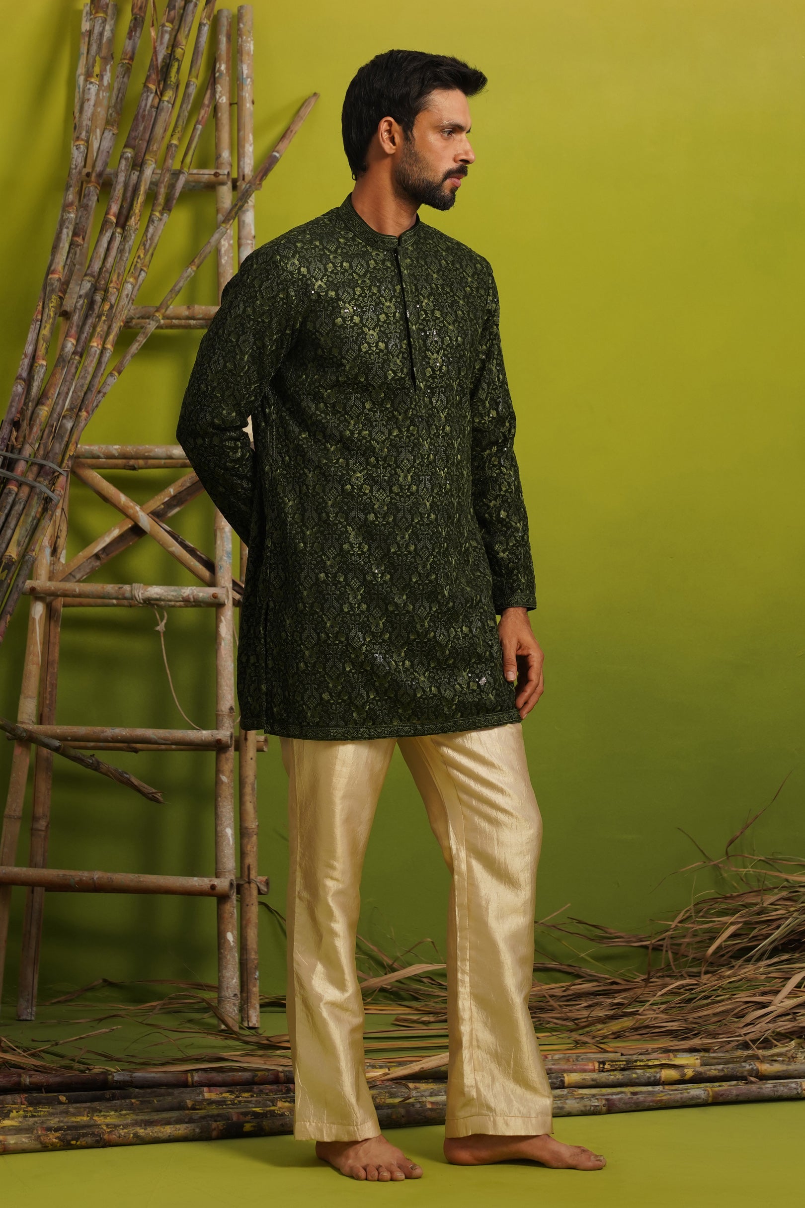 SUKOON BOTTLE GREEN SHORT KURTA SET