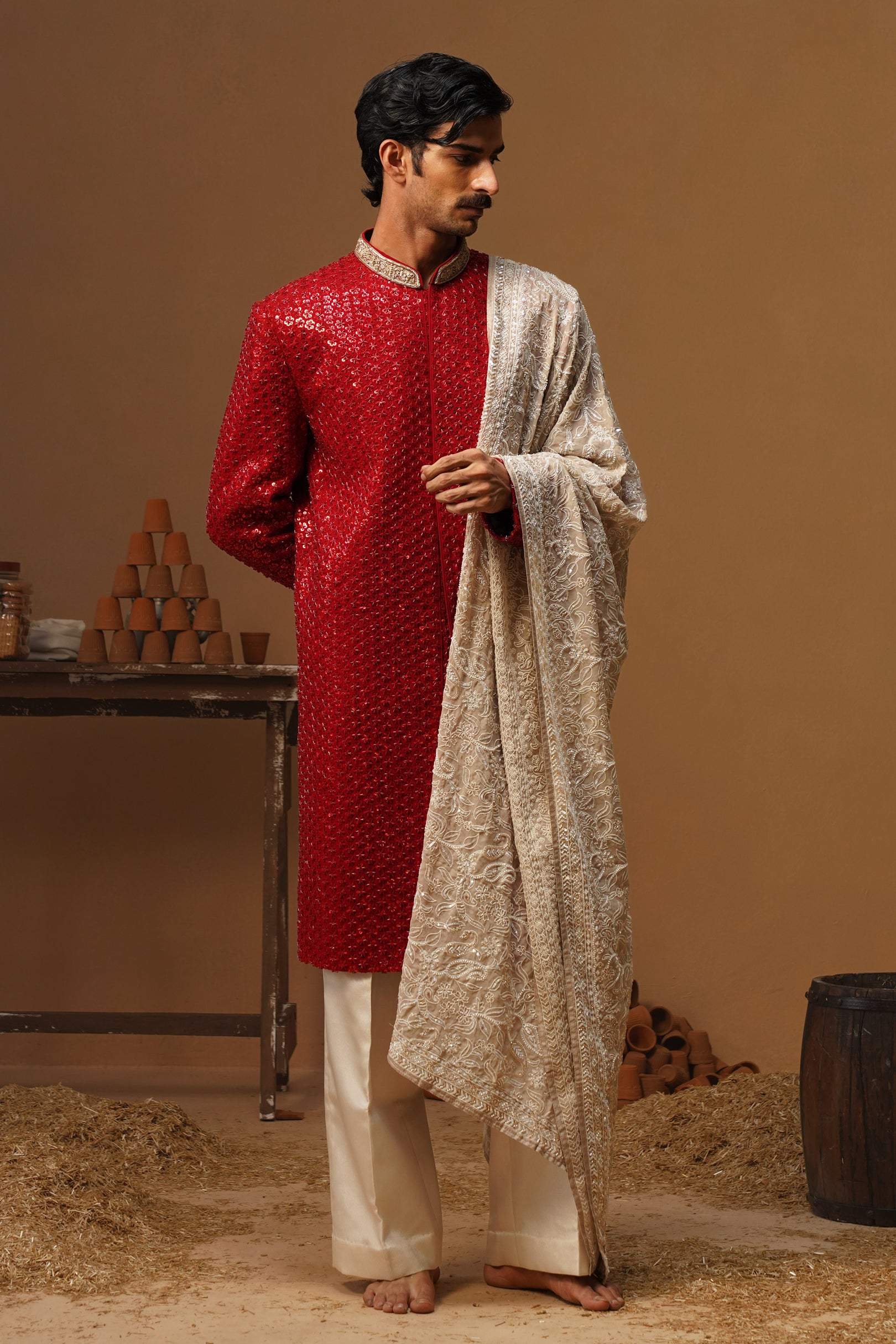 VED RED SHERWANI SET