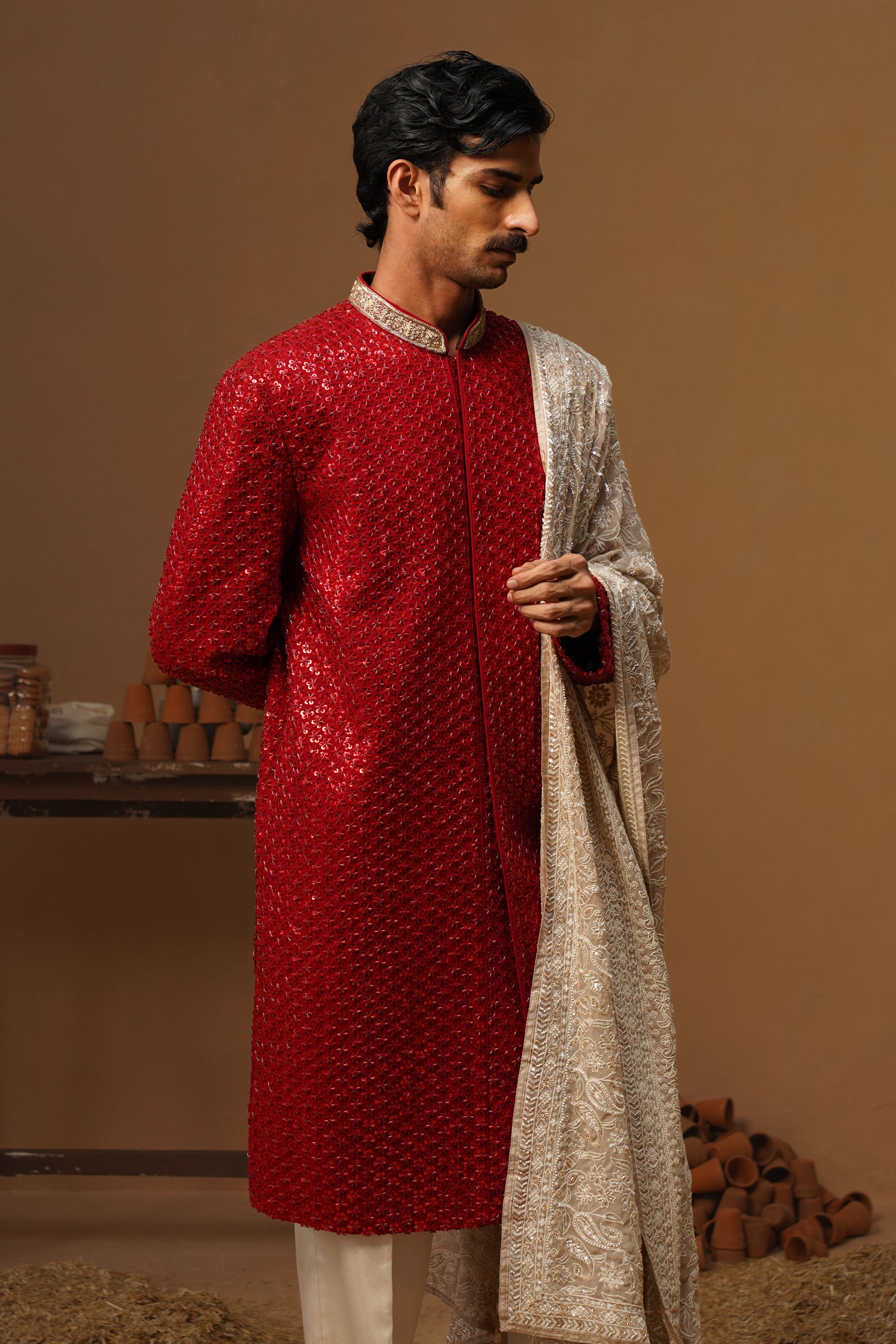 VED RED SHERWANI SET