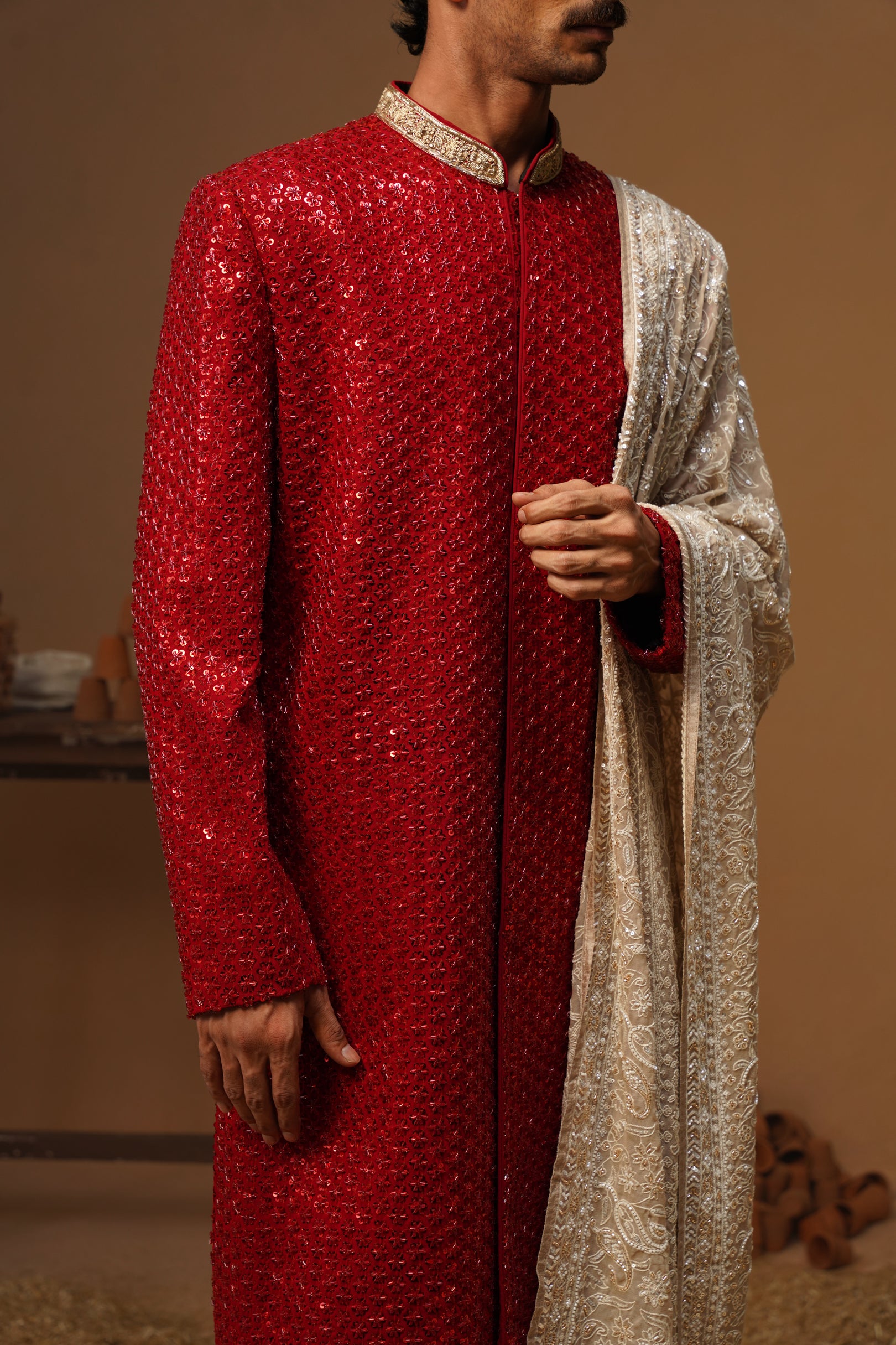 VED RED SHERWANI SET