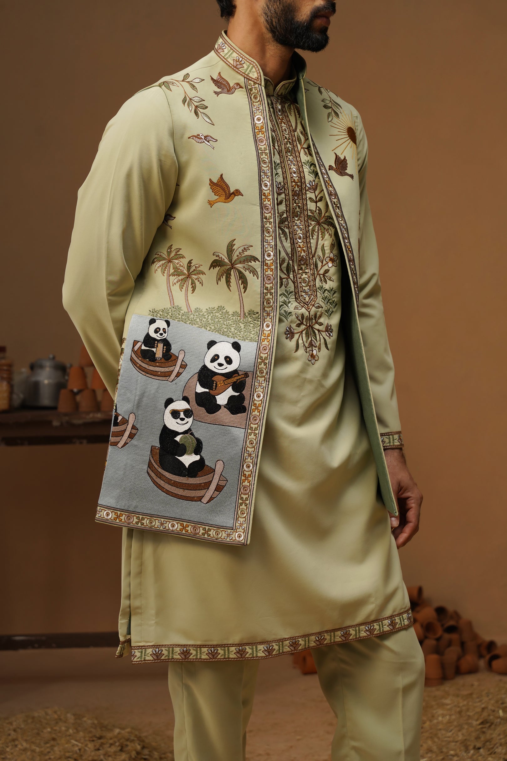 PANDA MEHNDI KURTA JACKET SET