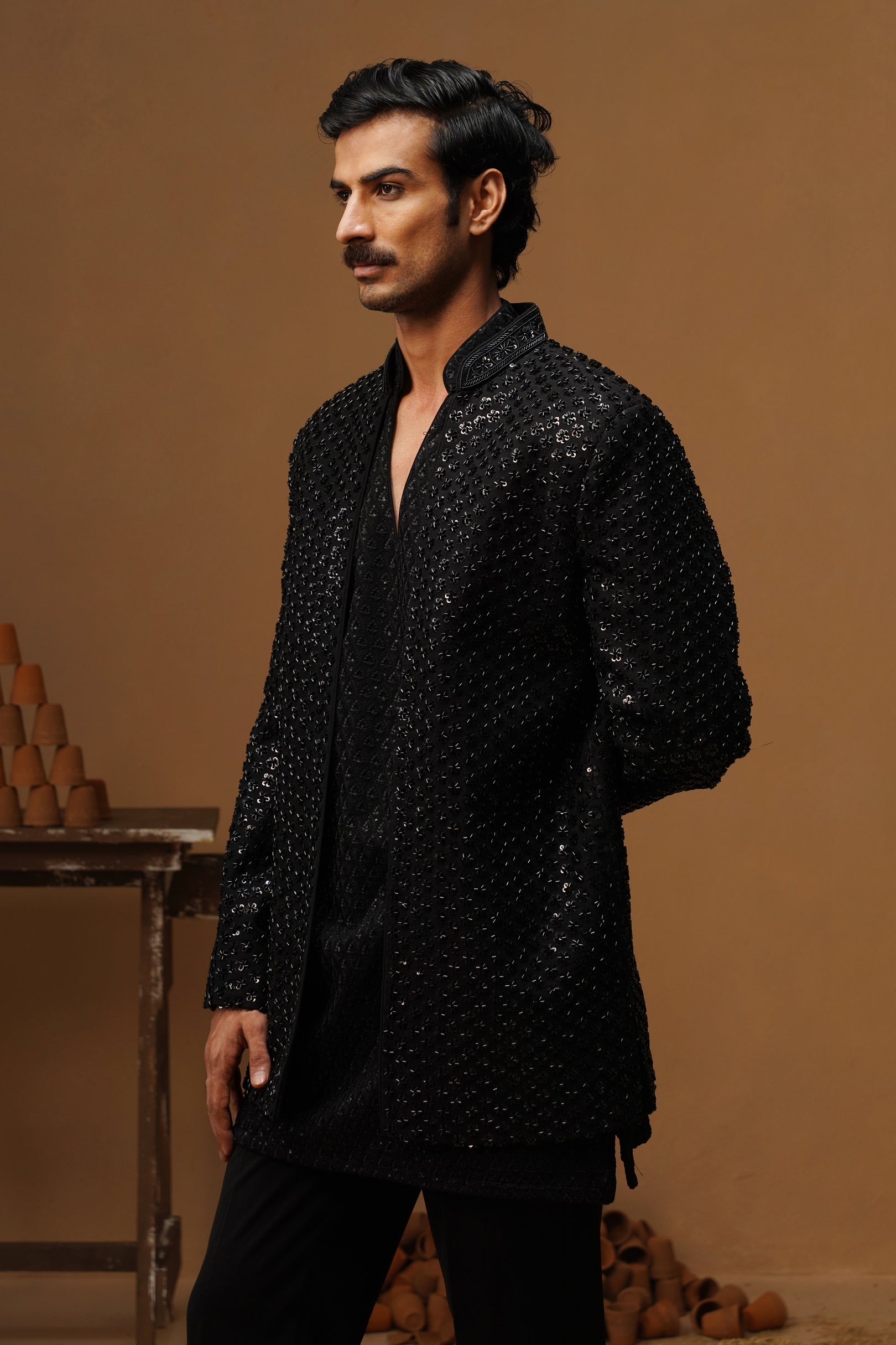 VED BLACK JODHPURI SET WITH V NECK KURTA