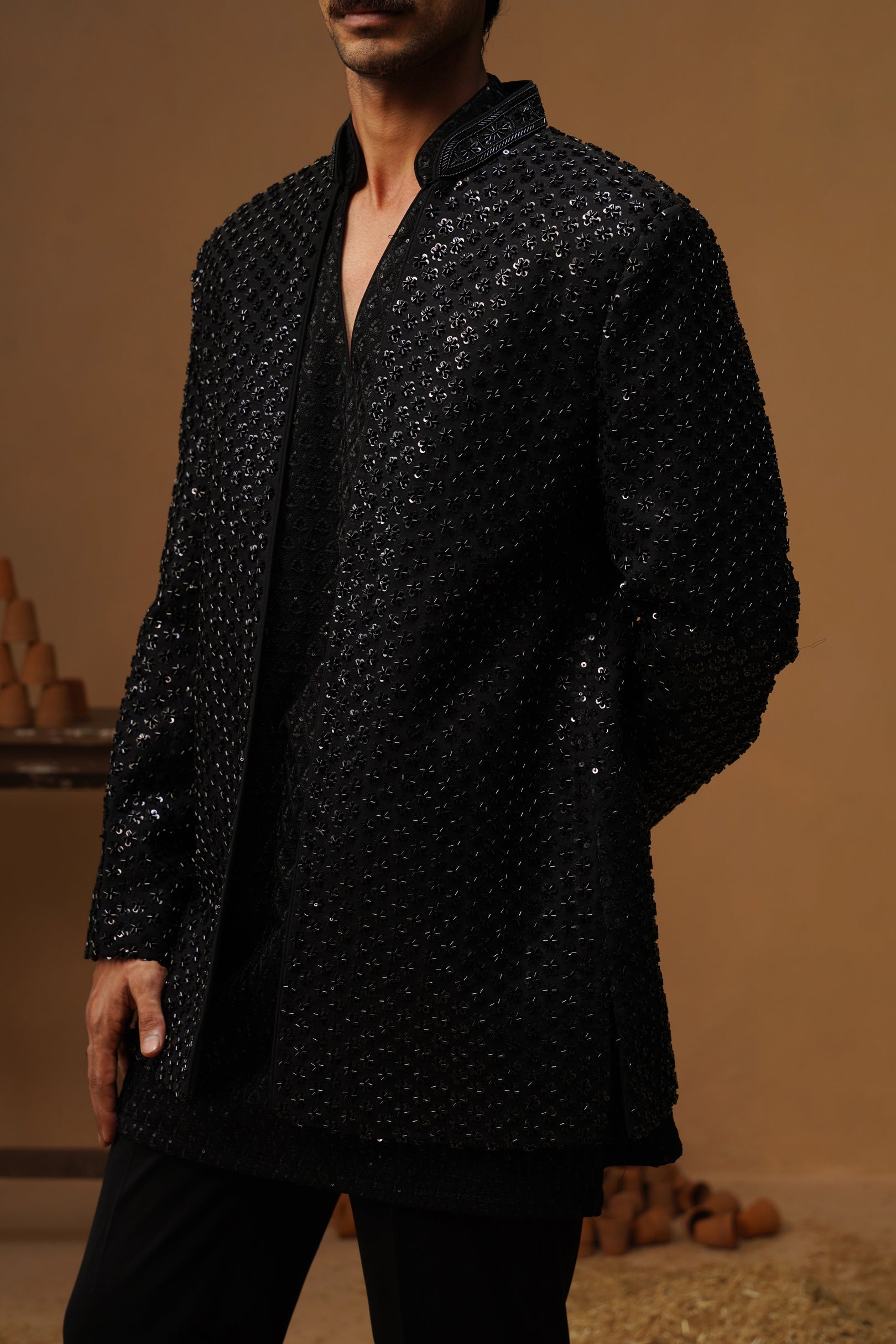 VED BLACK JODHPURI SET WITH V NECK KURTA