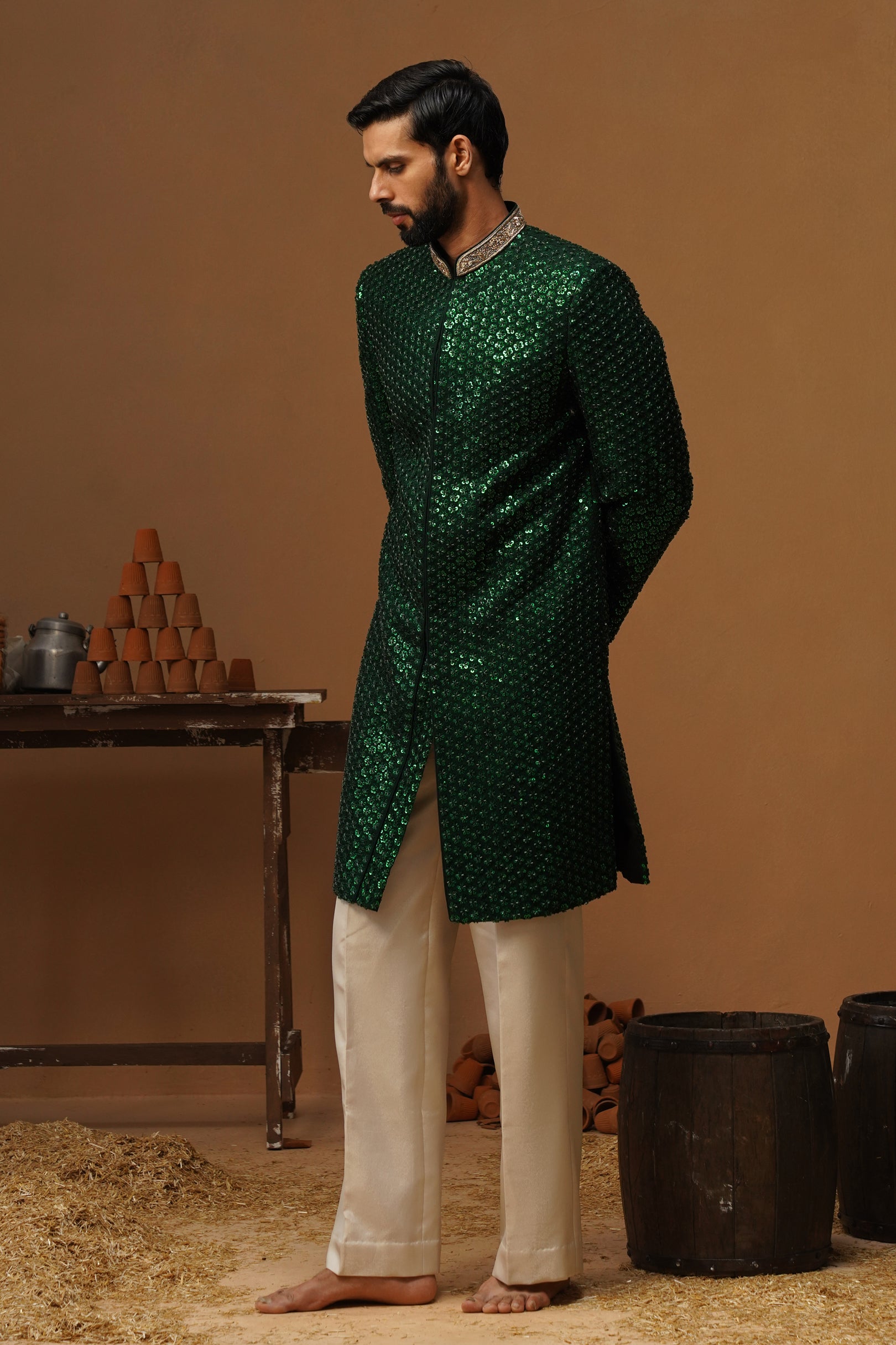 HUMSAFAR BOTTLE GREEN INDO - WESTERN SET