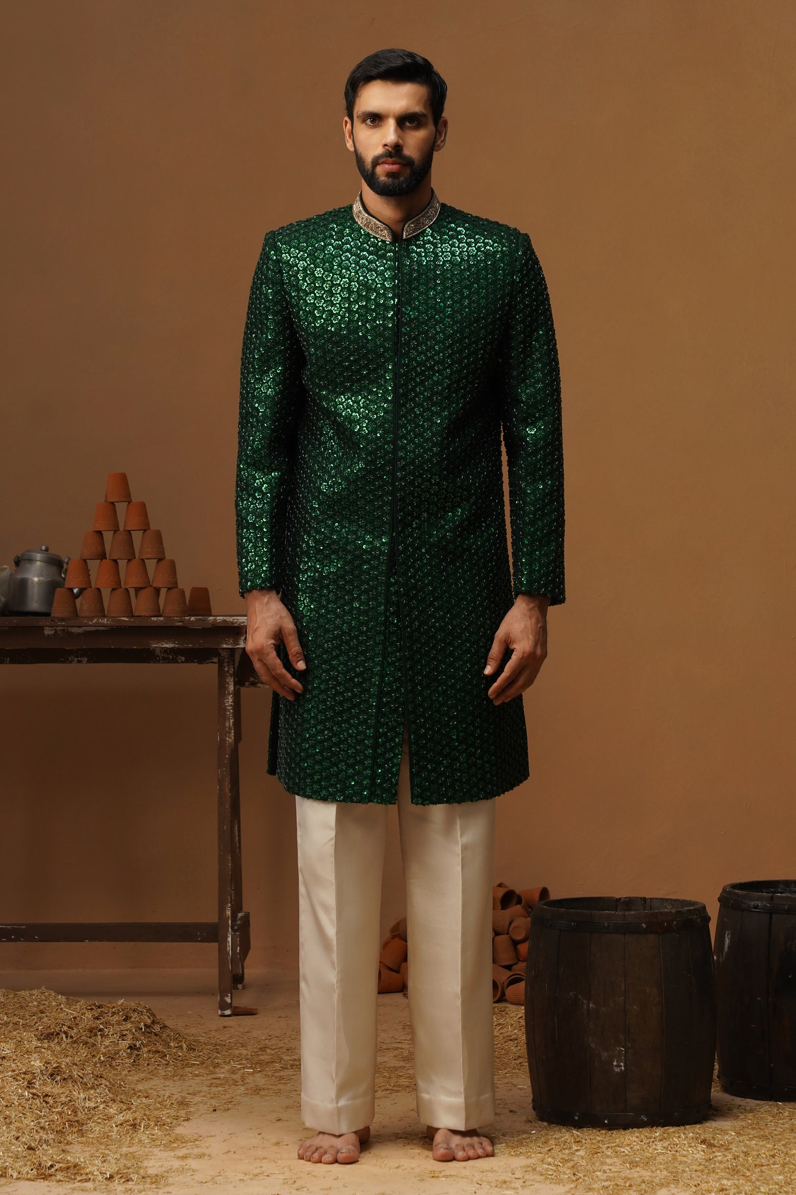 HUMSAFAR BOTTLE GREEN INDO - WESTERN SET
