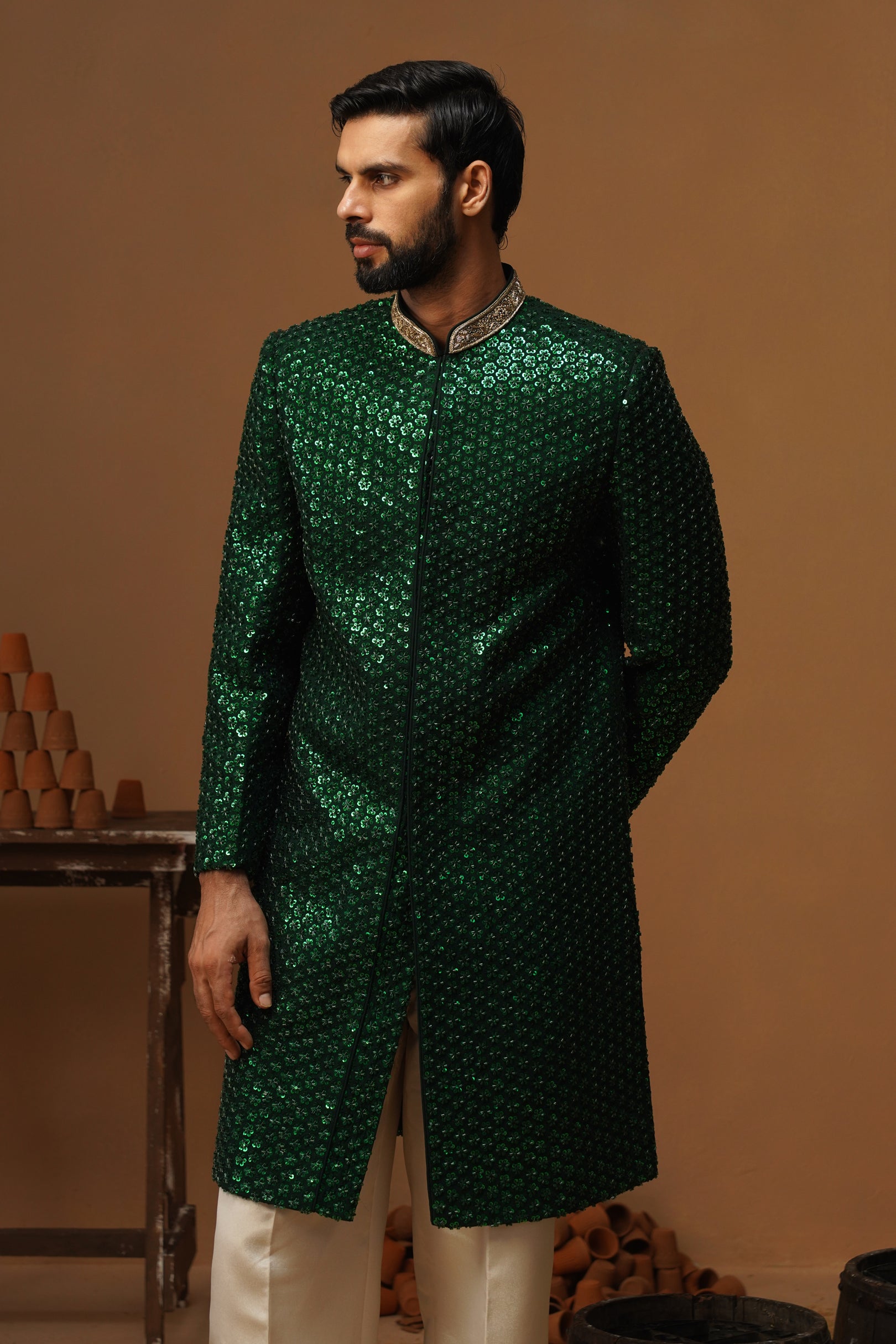 HUMSAFAR BOTTLE GREEN INDO - WESTERN SET