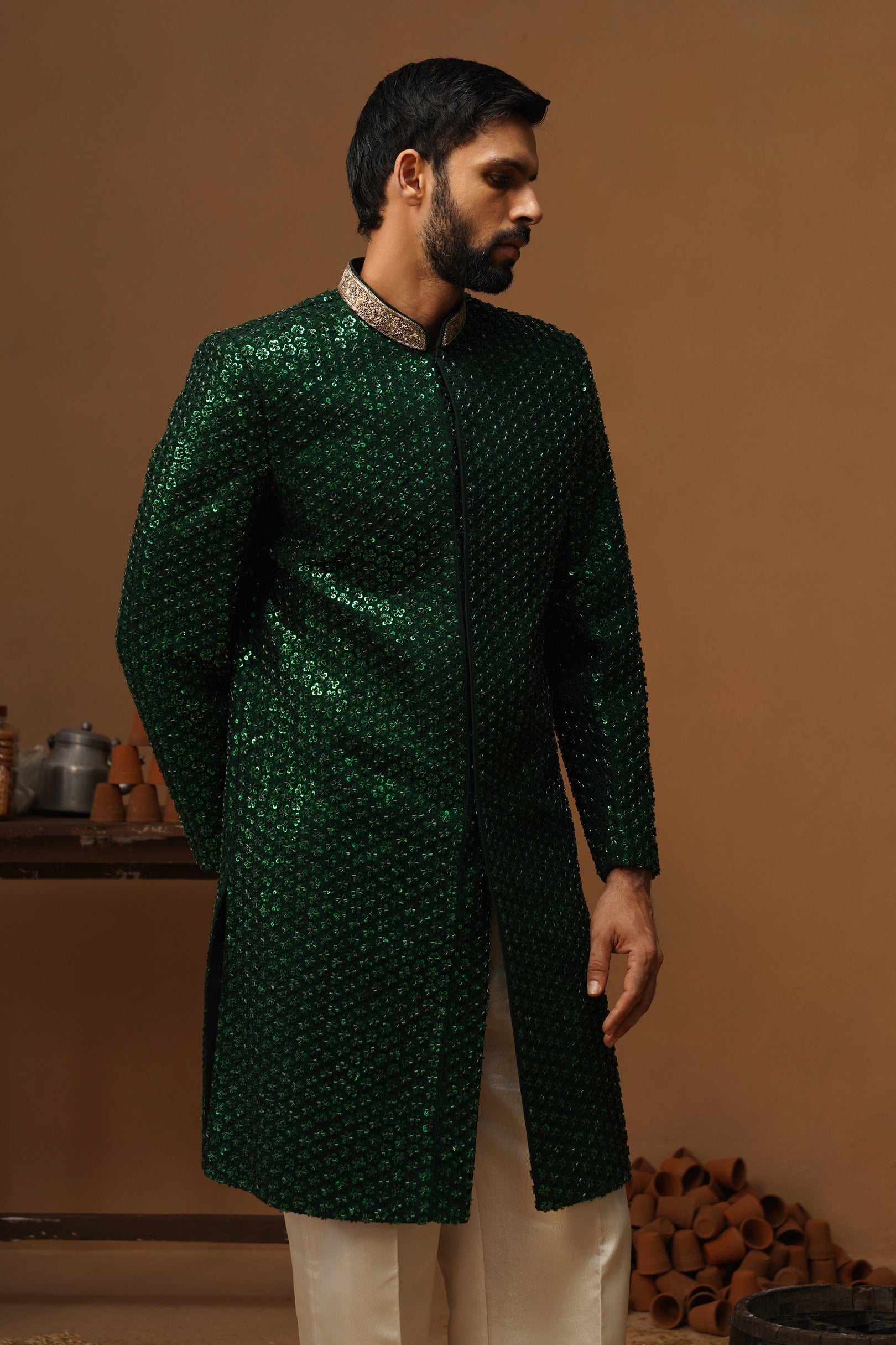 HUMSAFAR BOTTLE GREEN INDO - WESTERN SET