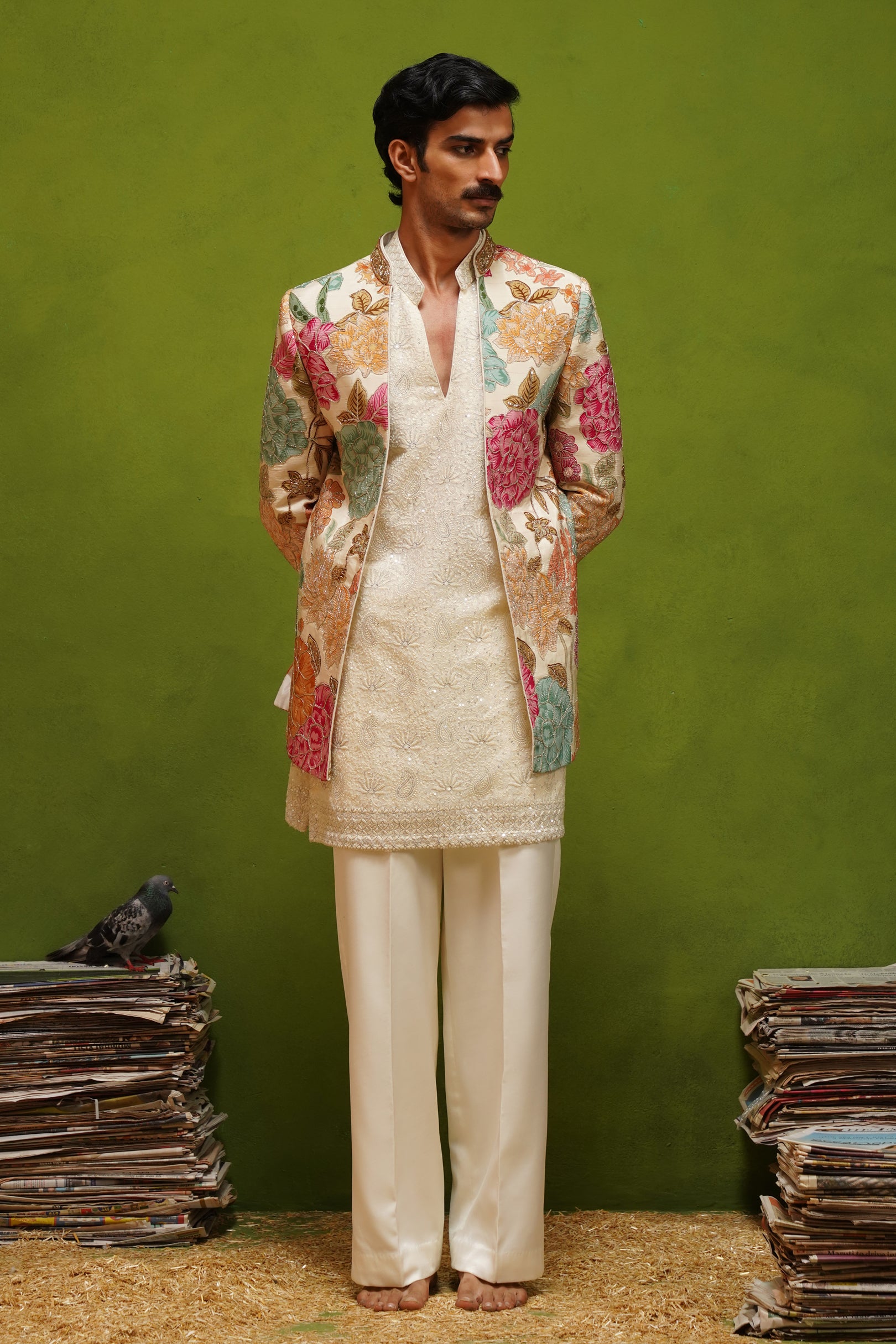 PARTHIV IVORY JODHPURI SET WITH V NECK KURTA