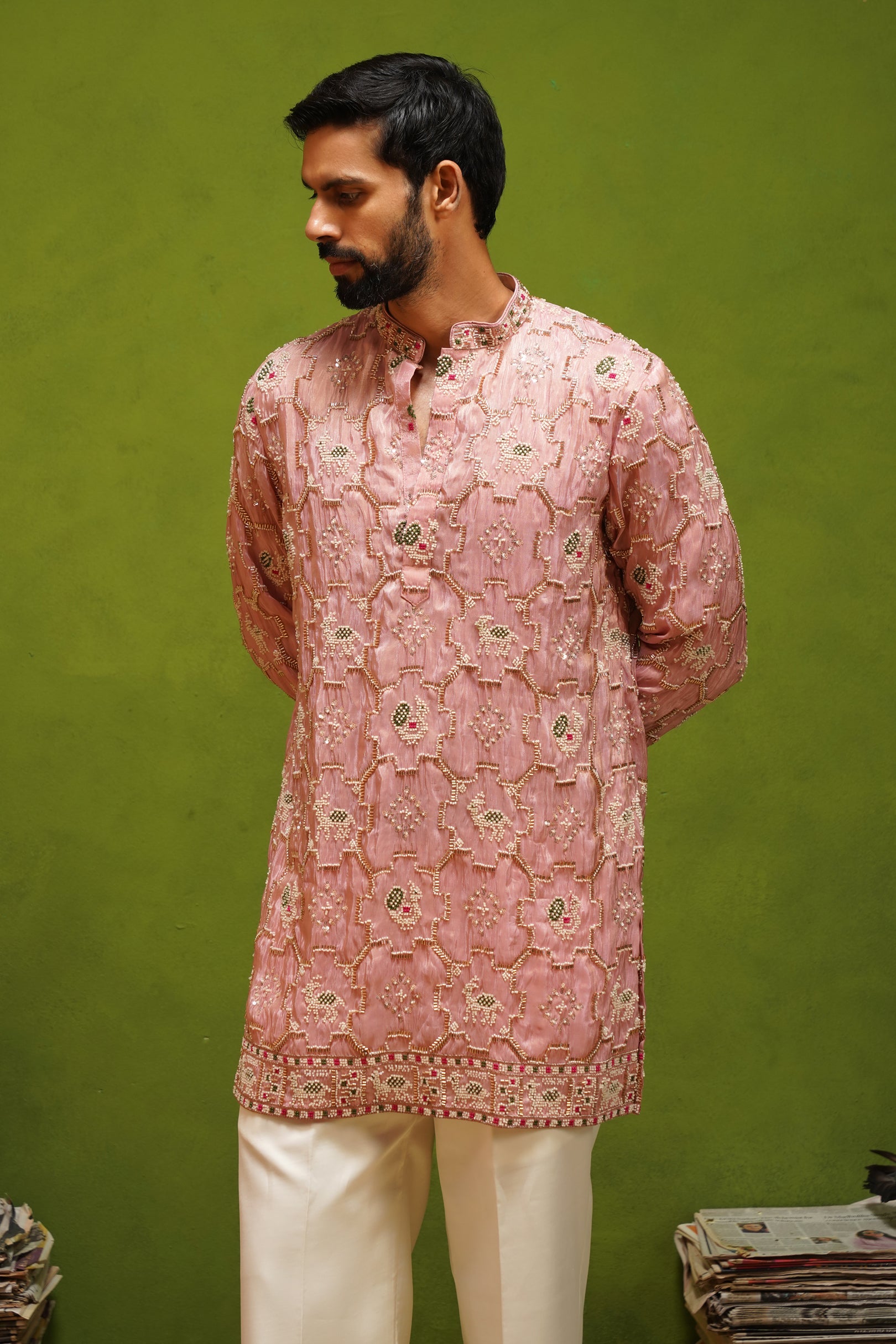 PATOLA PINK SHORT KURTA SET