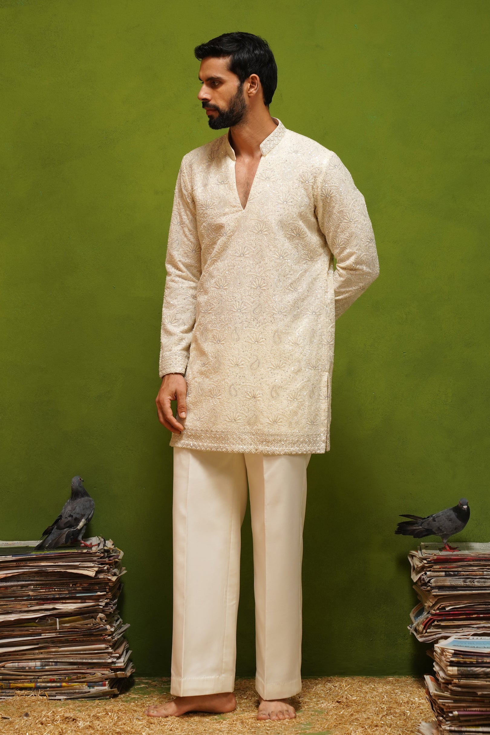 NAQSH IVORY V NECK SHORT KURTA SET