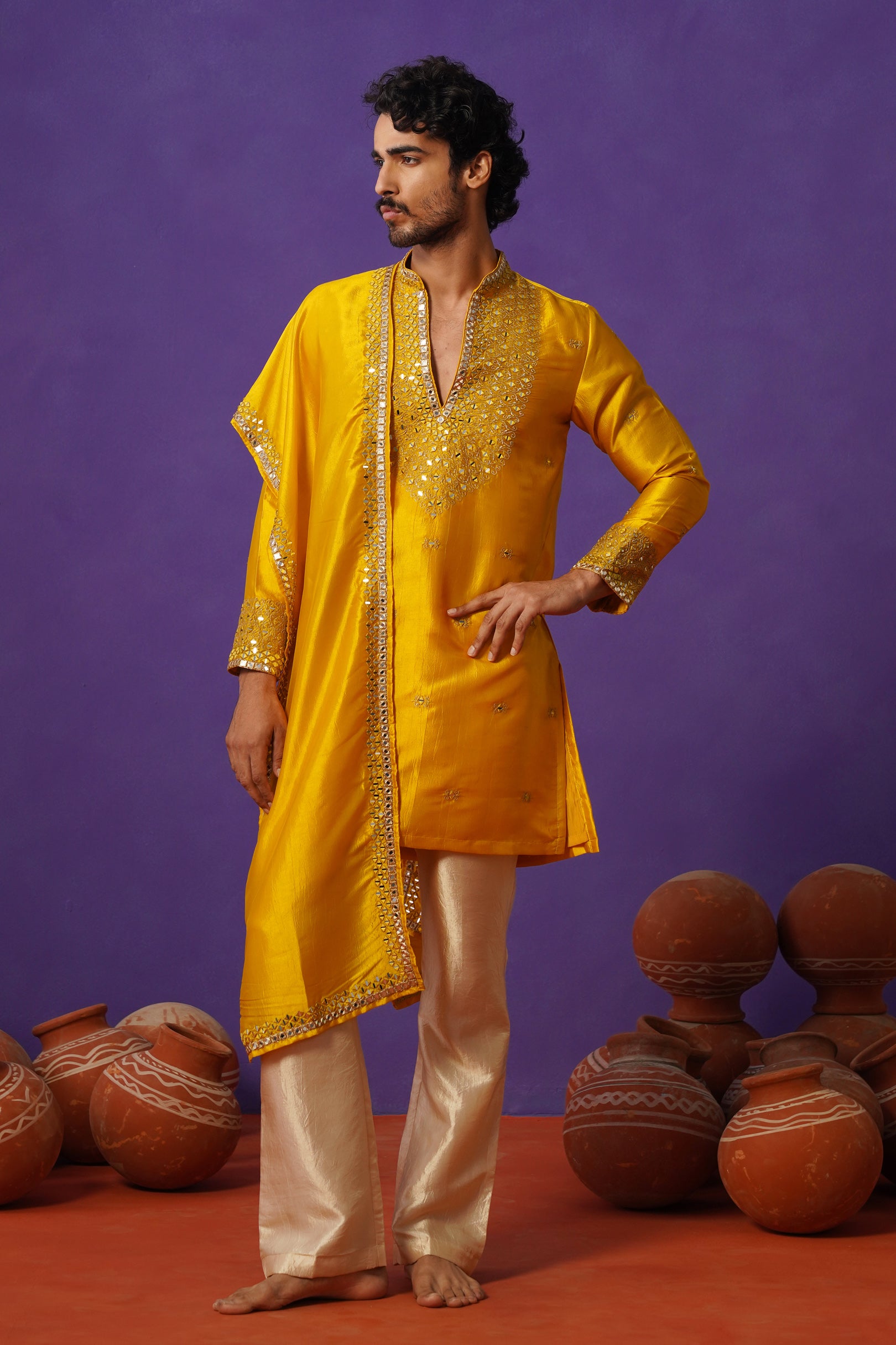 ZOHAYR HALDI V-NECK MIRROR KURTA DUPATTA SET