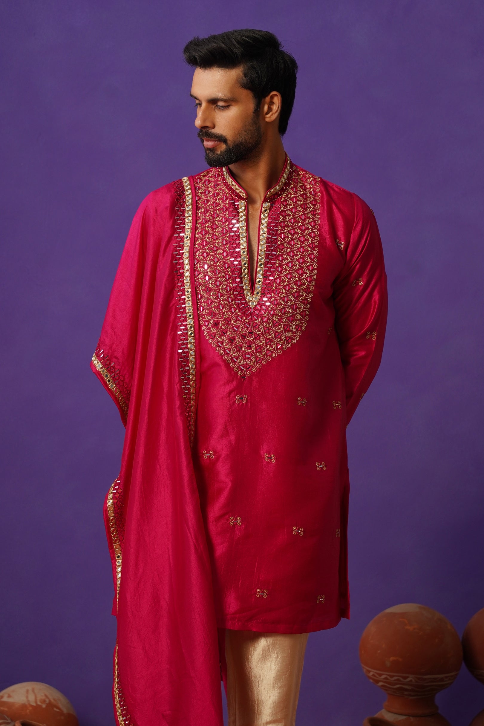 ZOHAYR HOT PINK V-NECK MIRROR KURTA DUPATTA SET