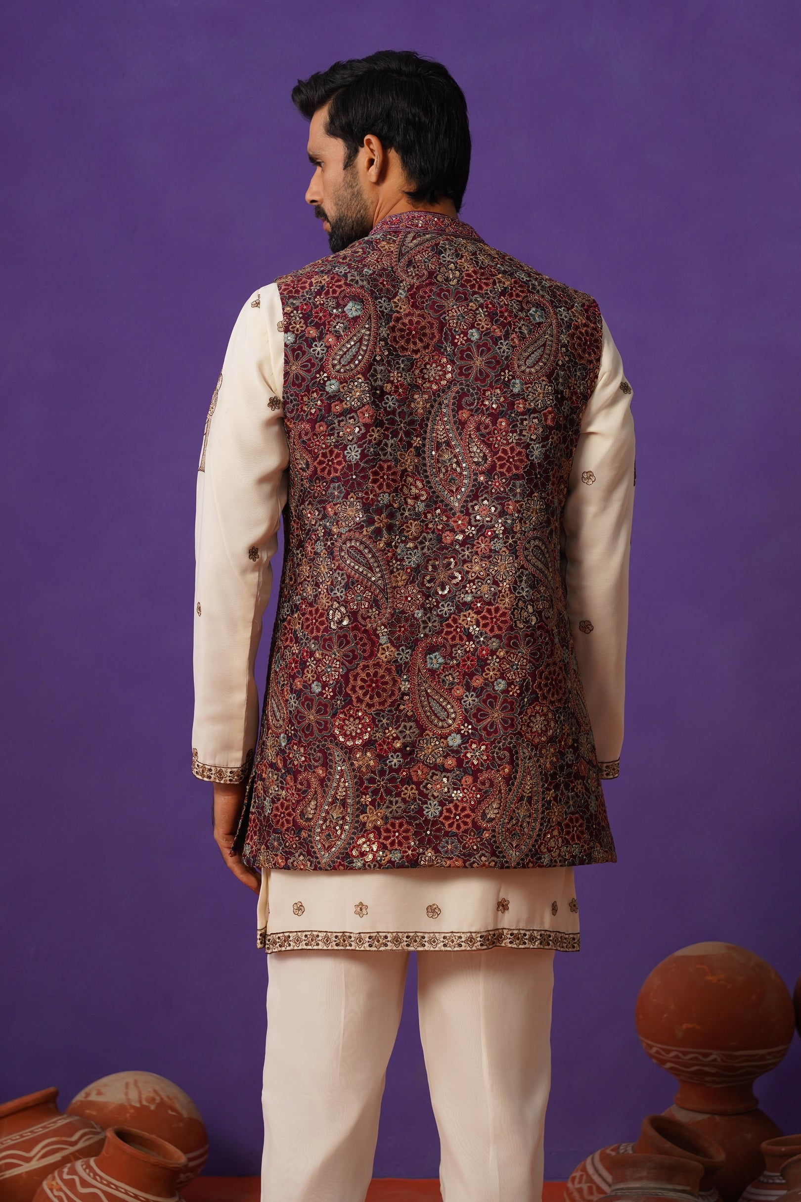GAGAN WINE SHORT KURTA JACKET SET