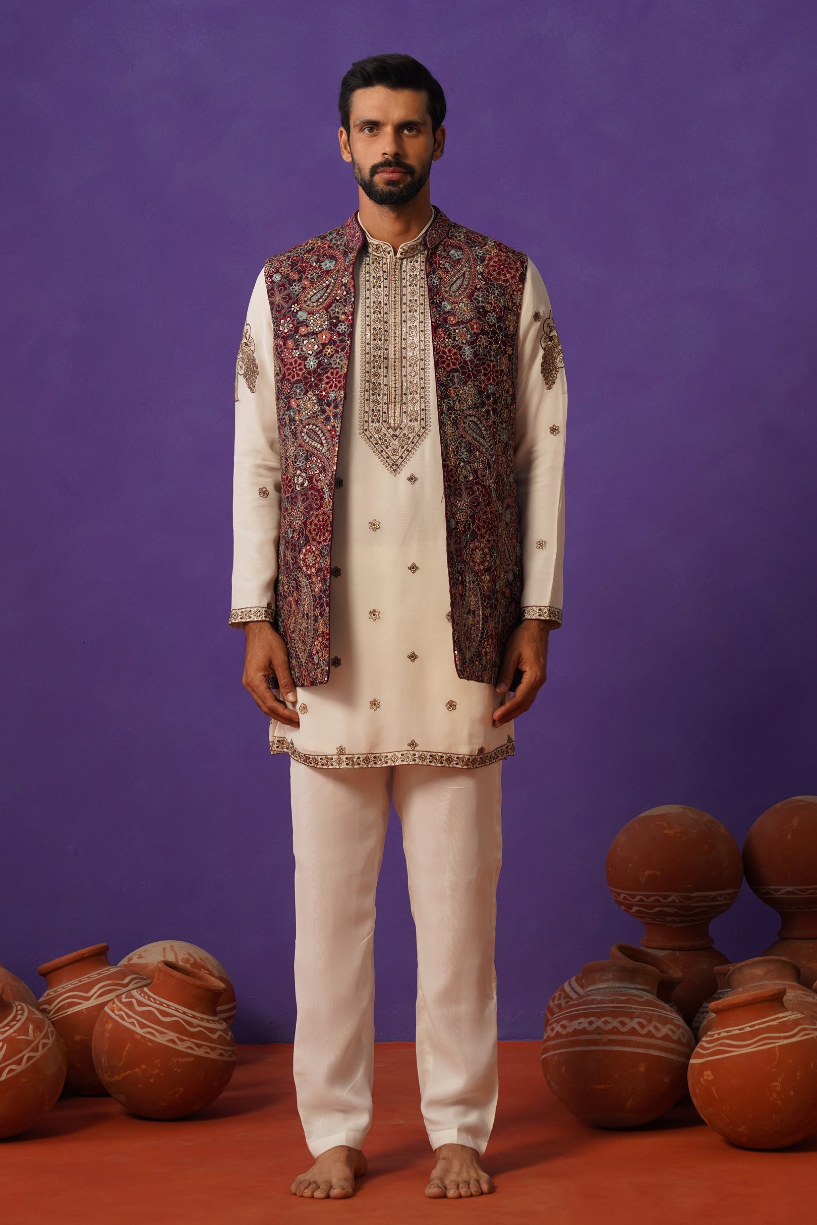 GAGAN WINE SHORT KURTA JACKET SET