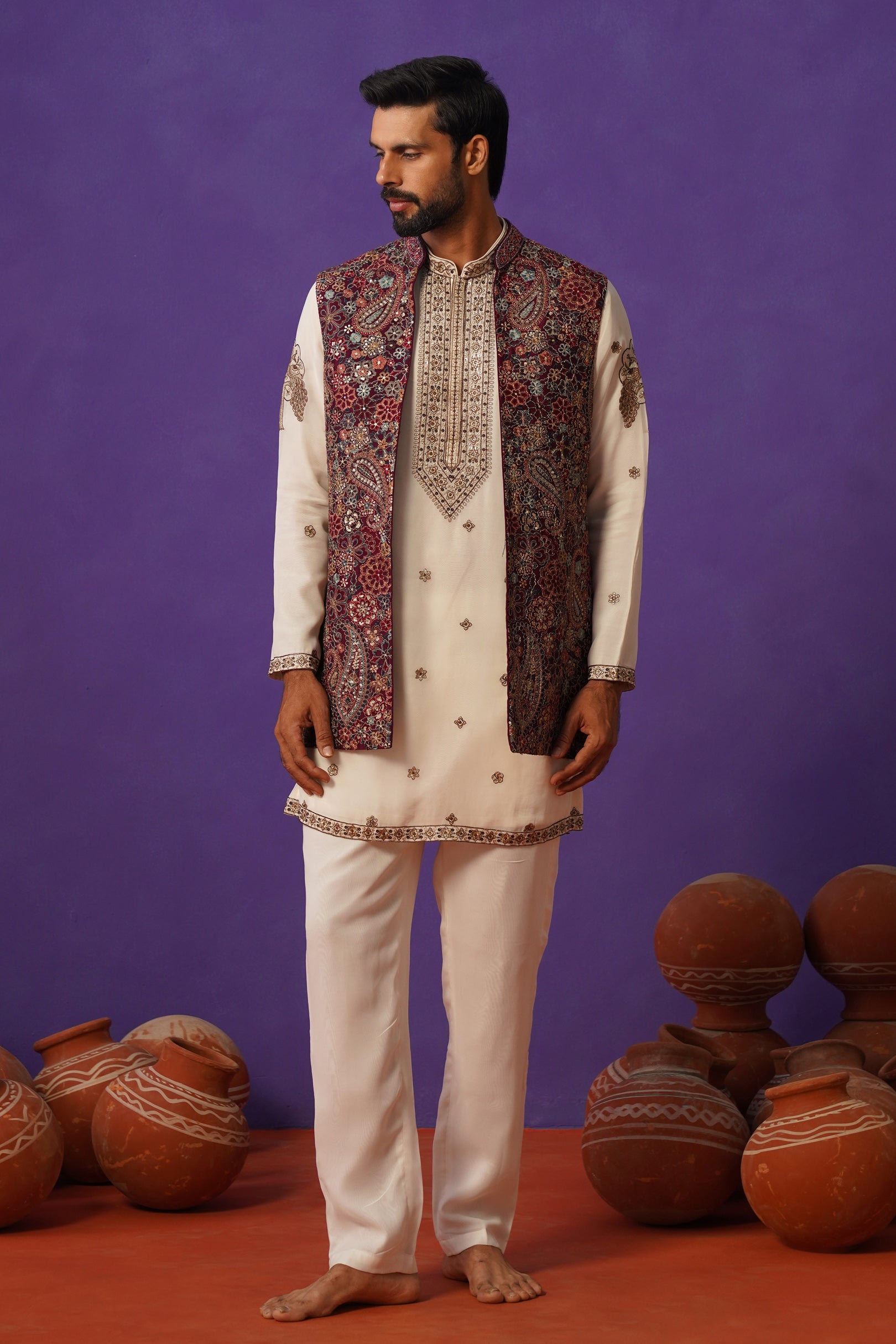 GAGAN WINE SHORT KURTA JACKET SET