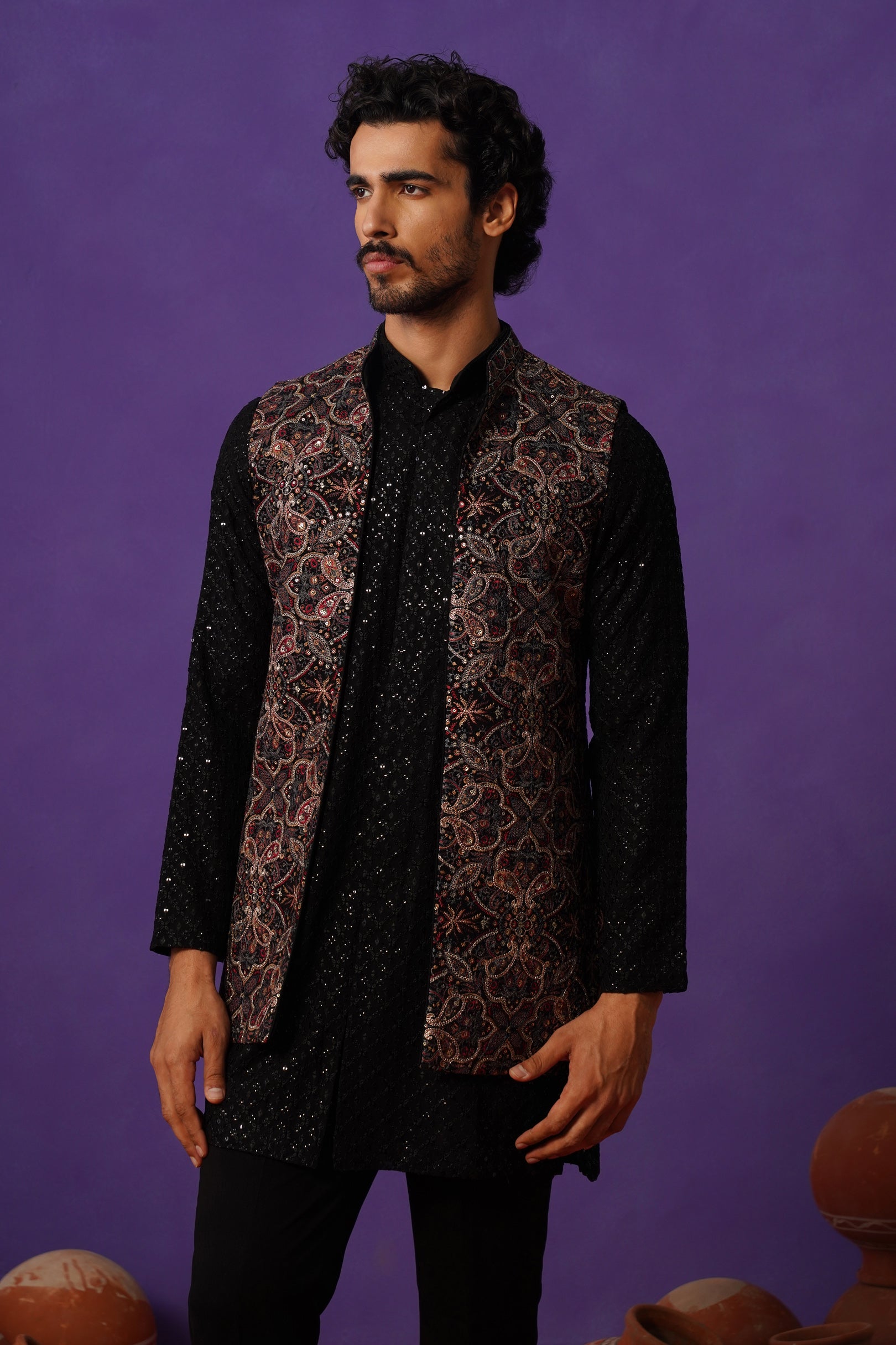AARIV BLACK SHORT KURTA JACKET SET