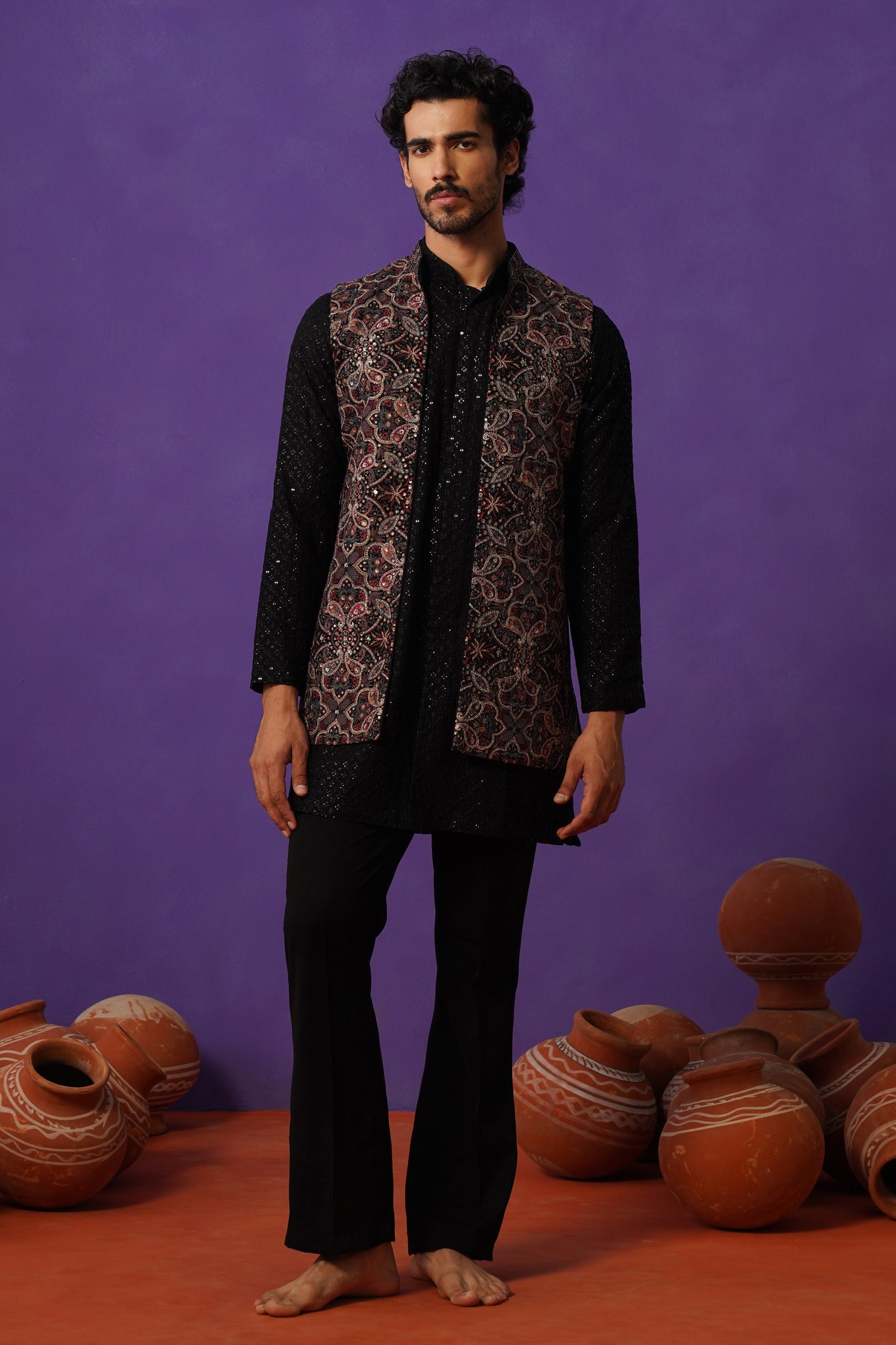 AARIV BLACK SHORT KURTA JACKET SET