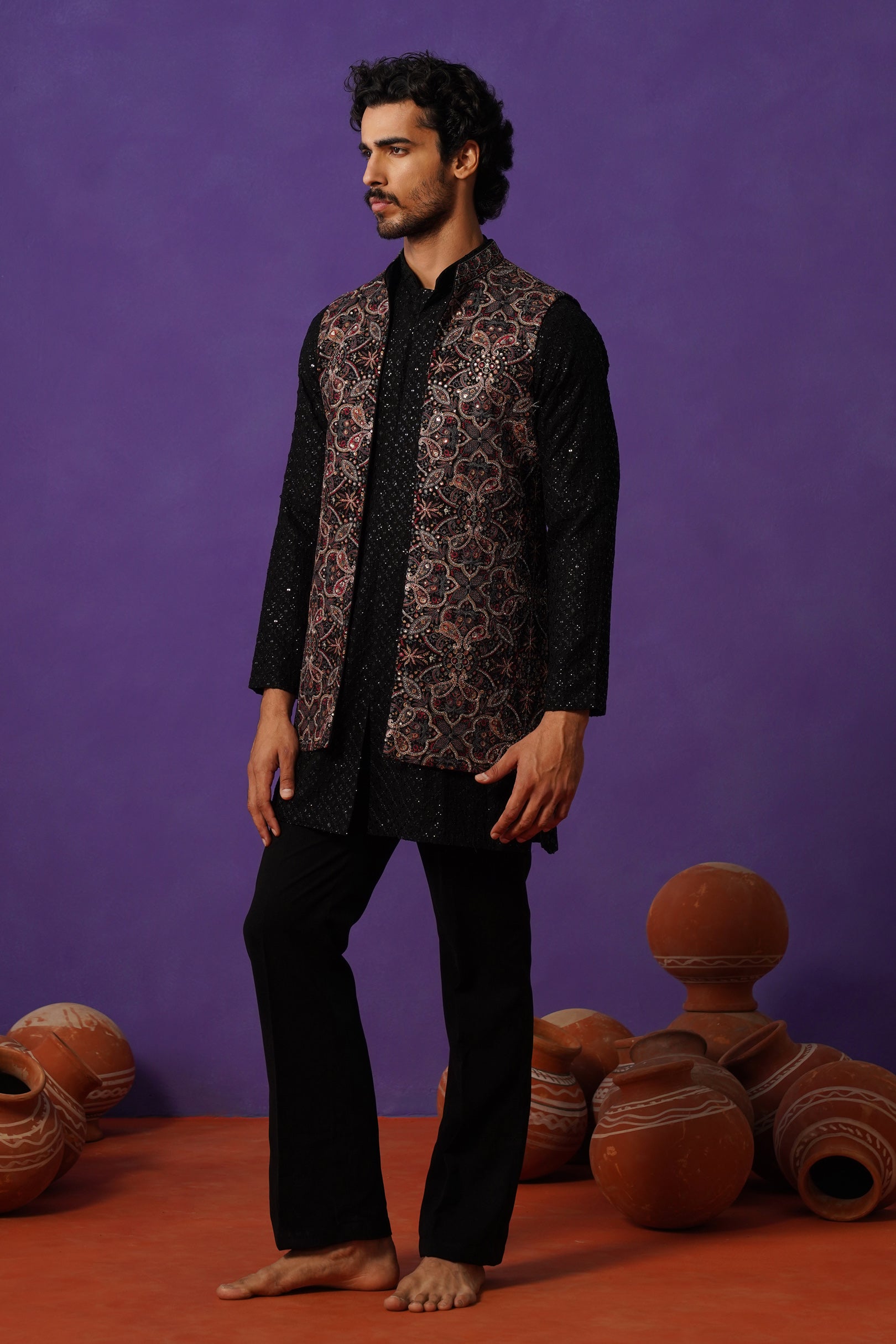 AARIV BLACK SHORT KURTA JACKET SET