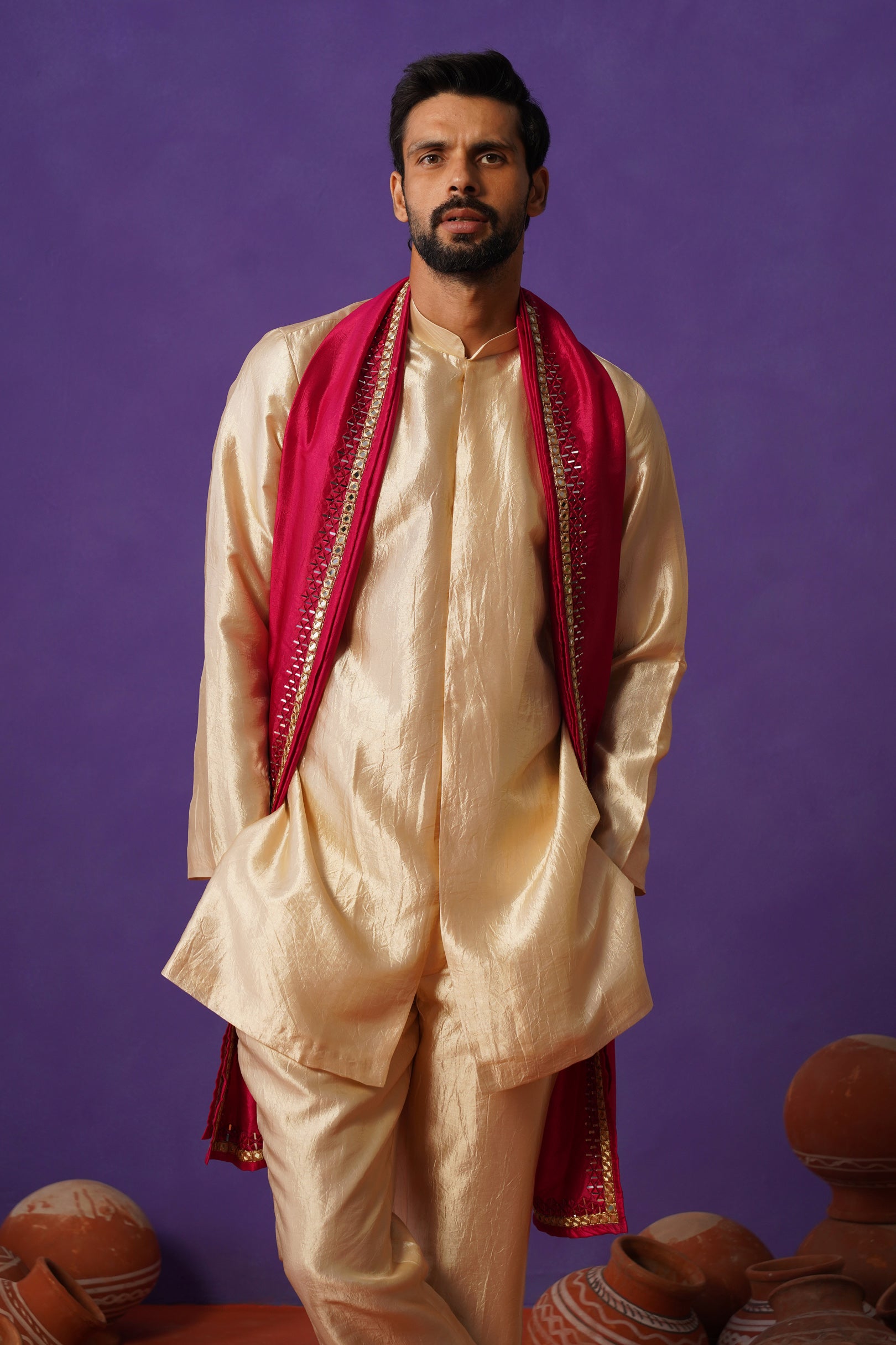 AVEN BEIGE SHORT KURTA DUPATTA SET