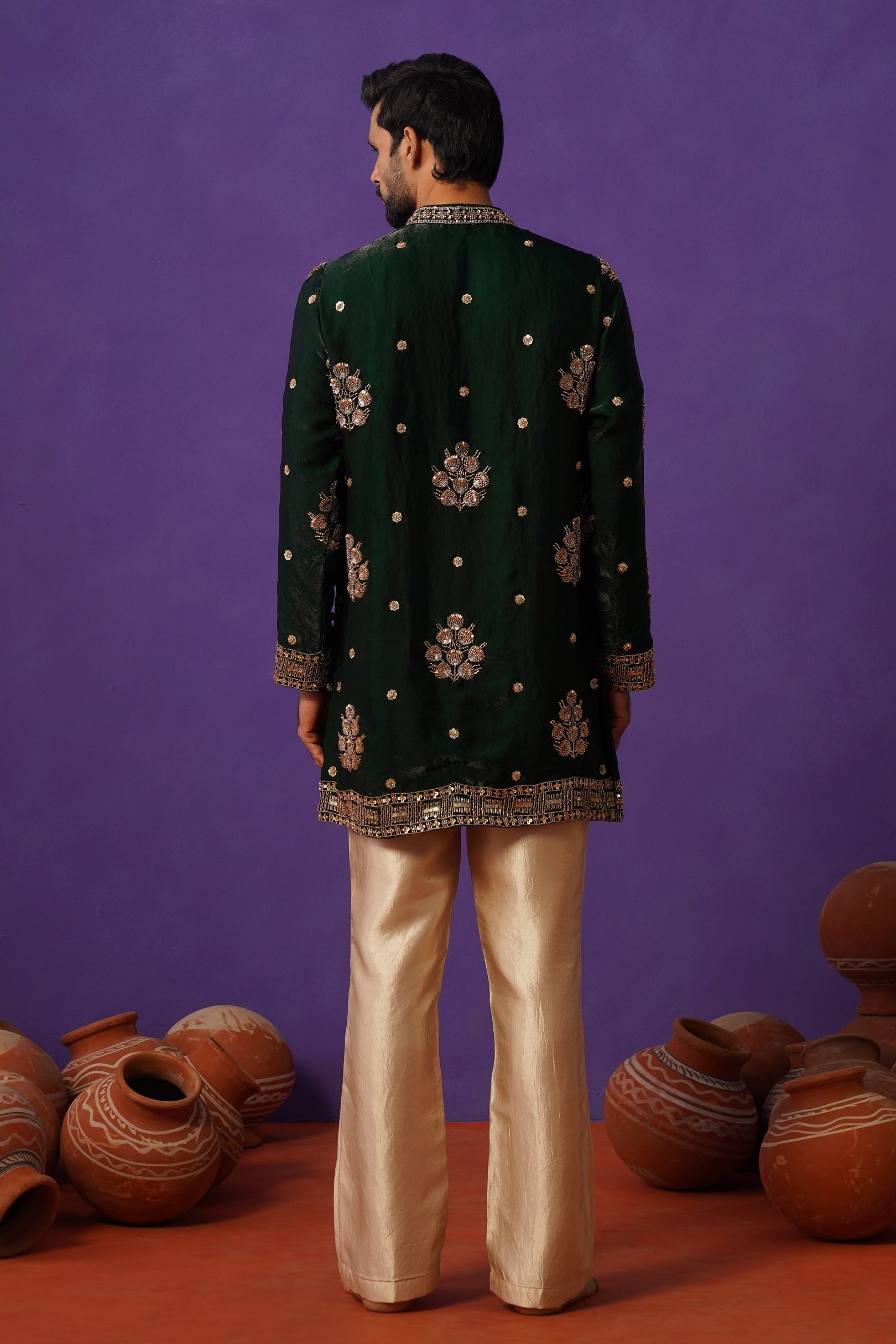 TAJ BOTTLE GREEN SHORT KURTA SET