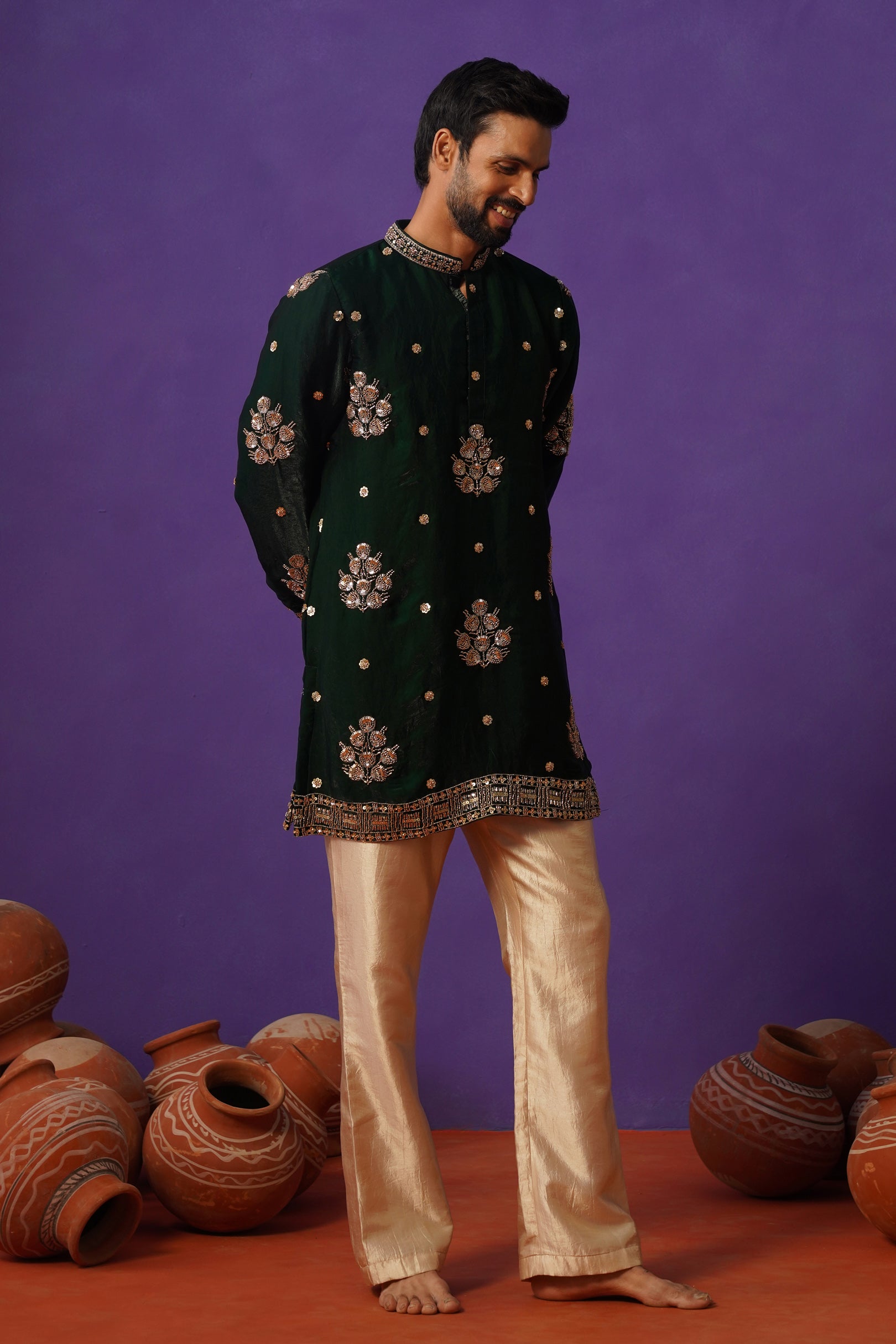 TAJ BOTTLE GREEN SHORT KURTA SET