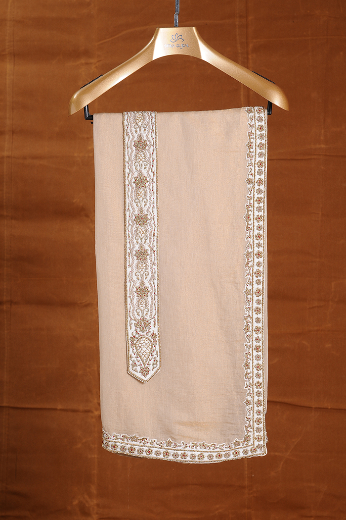 IVORY MATKA SILK ZARDOZI EMBROIDERED SHERWANI KURTA CHURIDAR SET