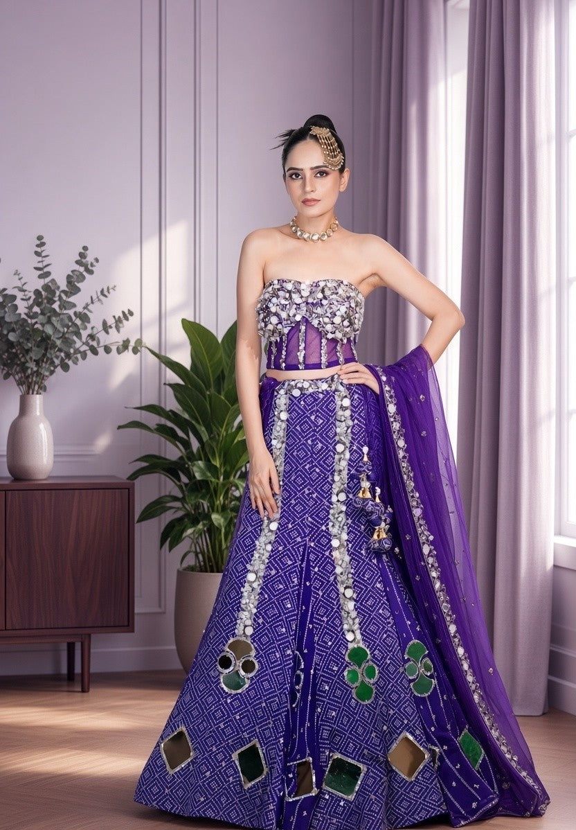Double Design Bandani Fishcut Lehenga With Corset and Dupatta