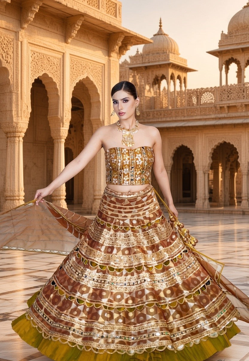 Double Layer Brocade Cutwork Lehenga Corset Dupatta